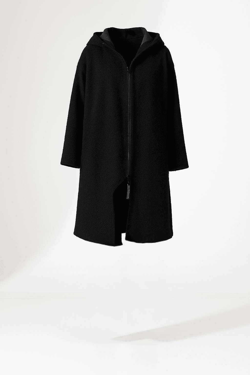 Asimetrik Fermuarlı Kapüşonlu Uzun Kaban - SİYAH