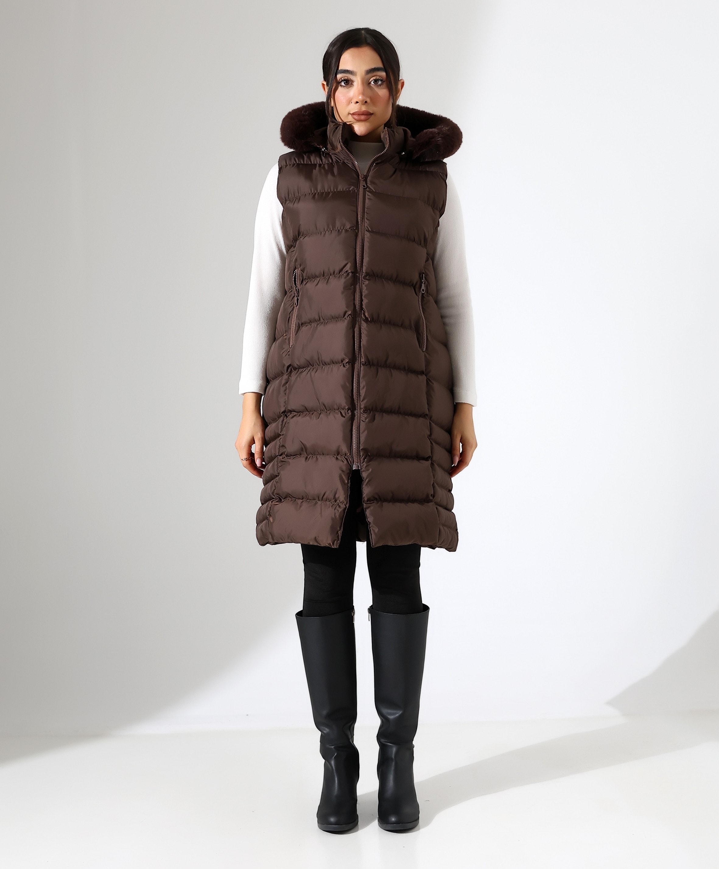 Kürk Detay Kapüşonlu Büyük Beden Şişme Yelek - KAHVE