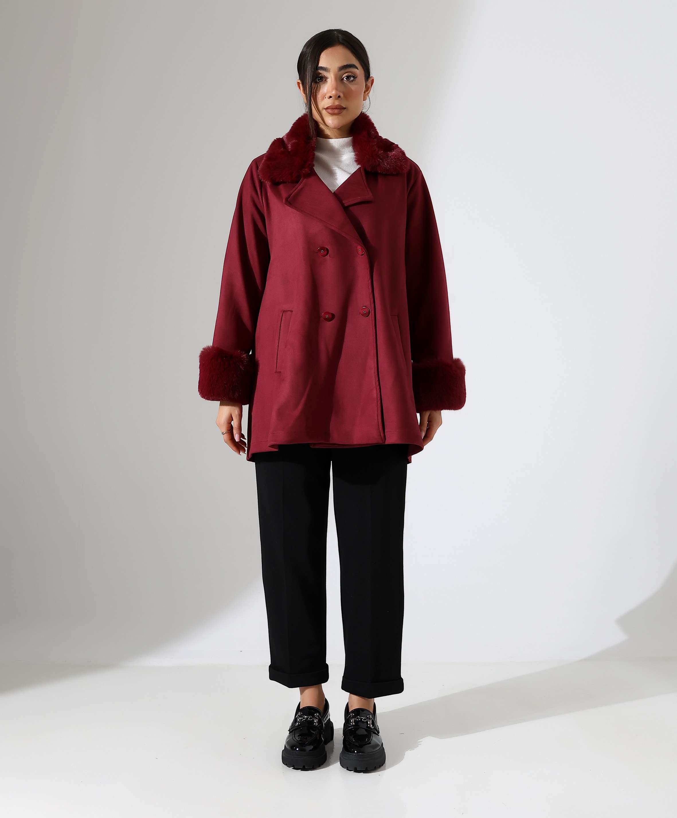 Düğme Kapama Kürk Detay Ceket - BORDO