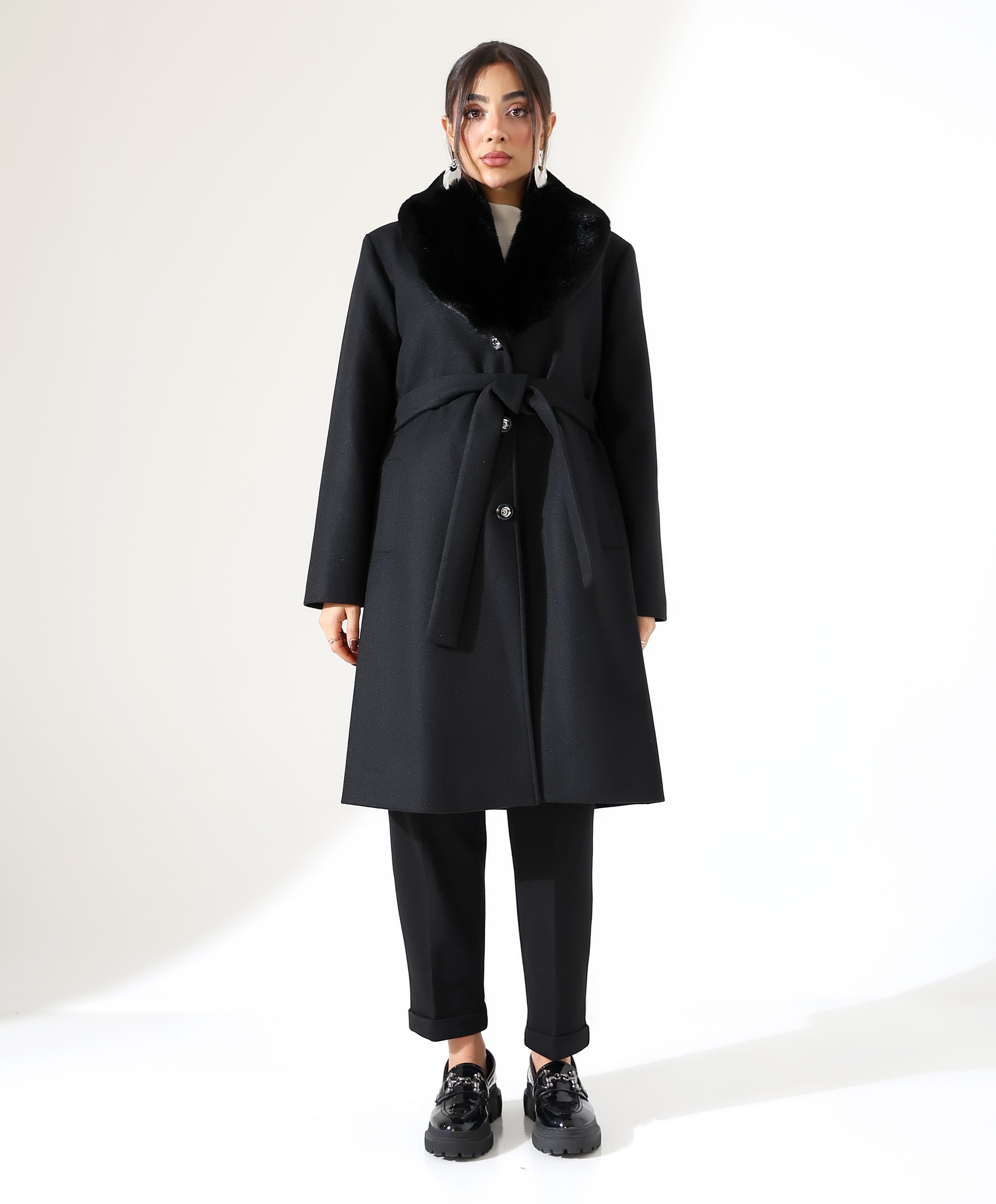 Kürk Yaka Kısa Kaşe Kaban - SİYAH