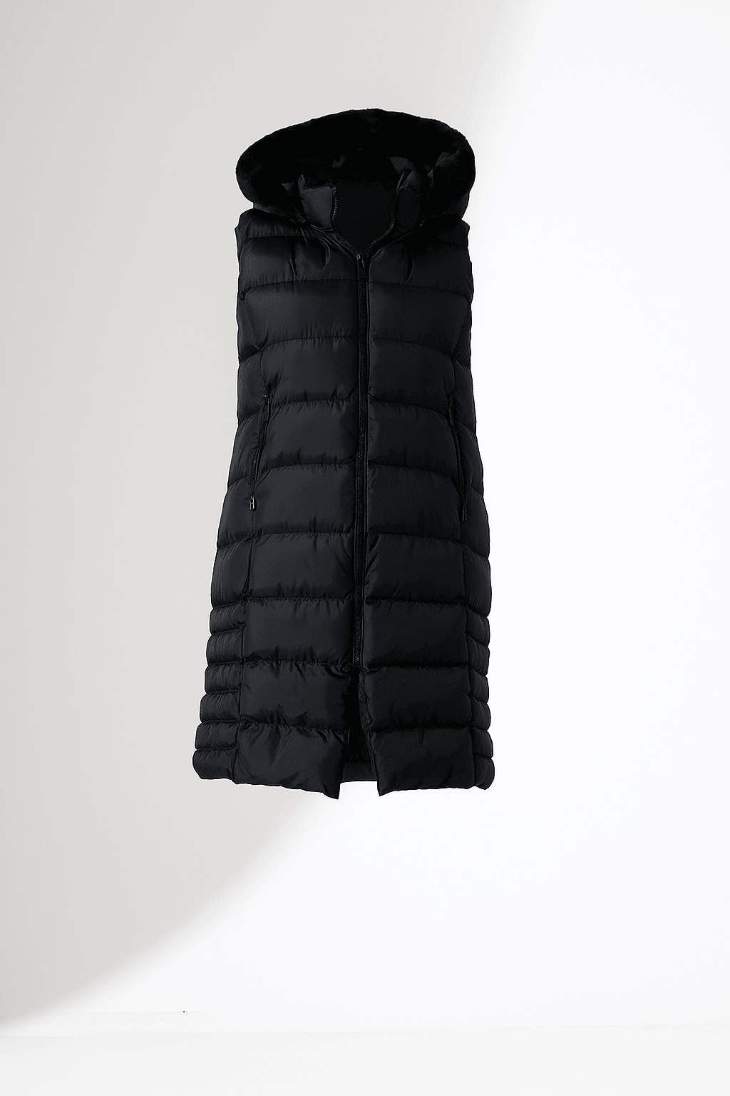 Kürk Detay Kapüşonlu Büyük Beden Şişme Yelek - SİYAH