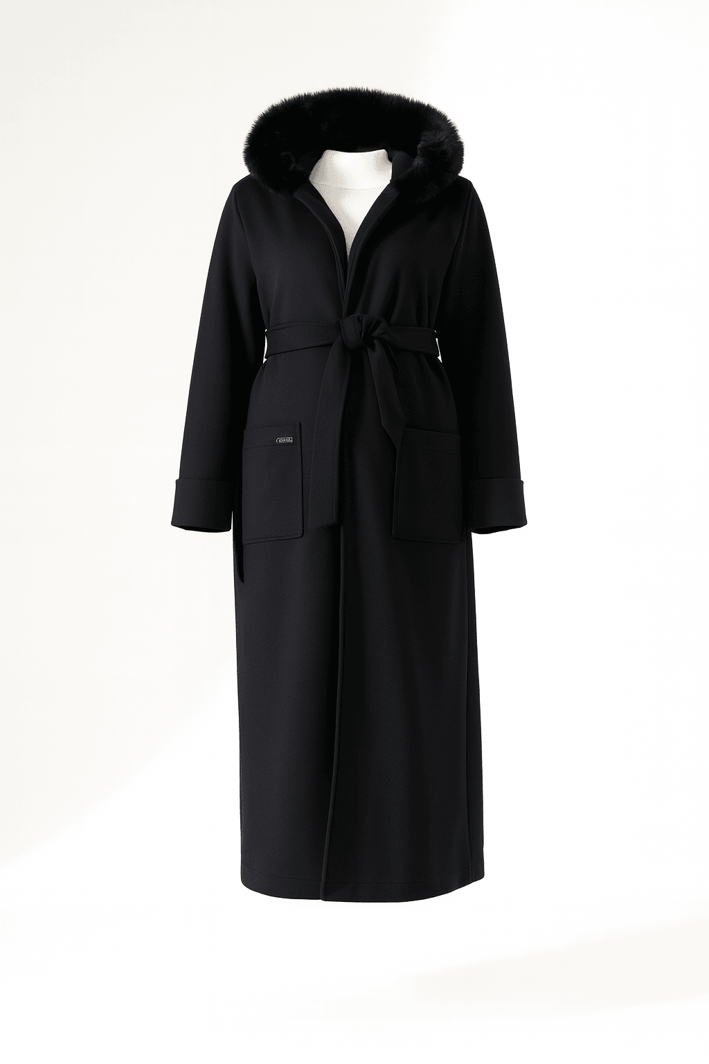 Kapüşonu Kürklü Bağlamalı Uzun Hırka - SİYAH