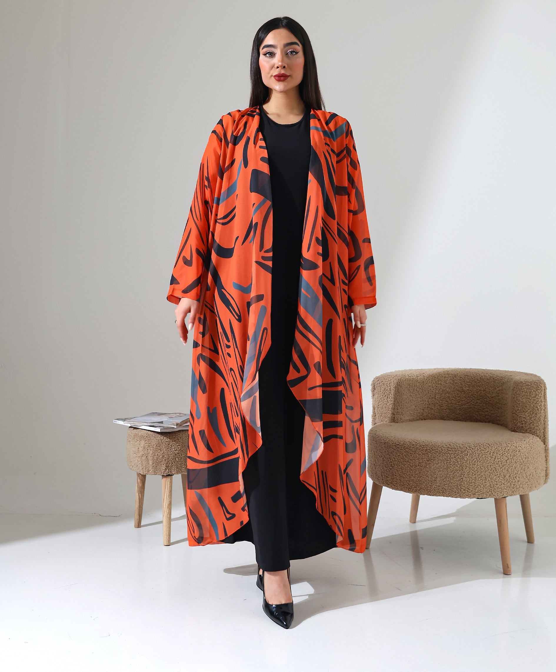 Şal Yaka Desenli Şifon Hırka - TURUNCU