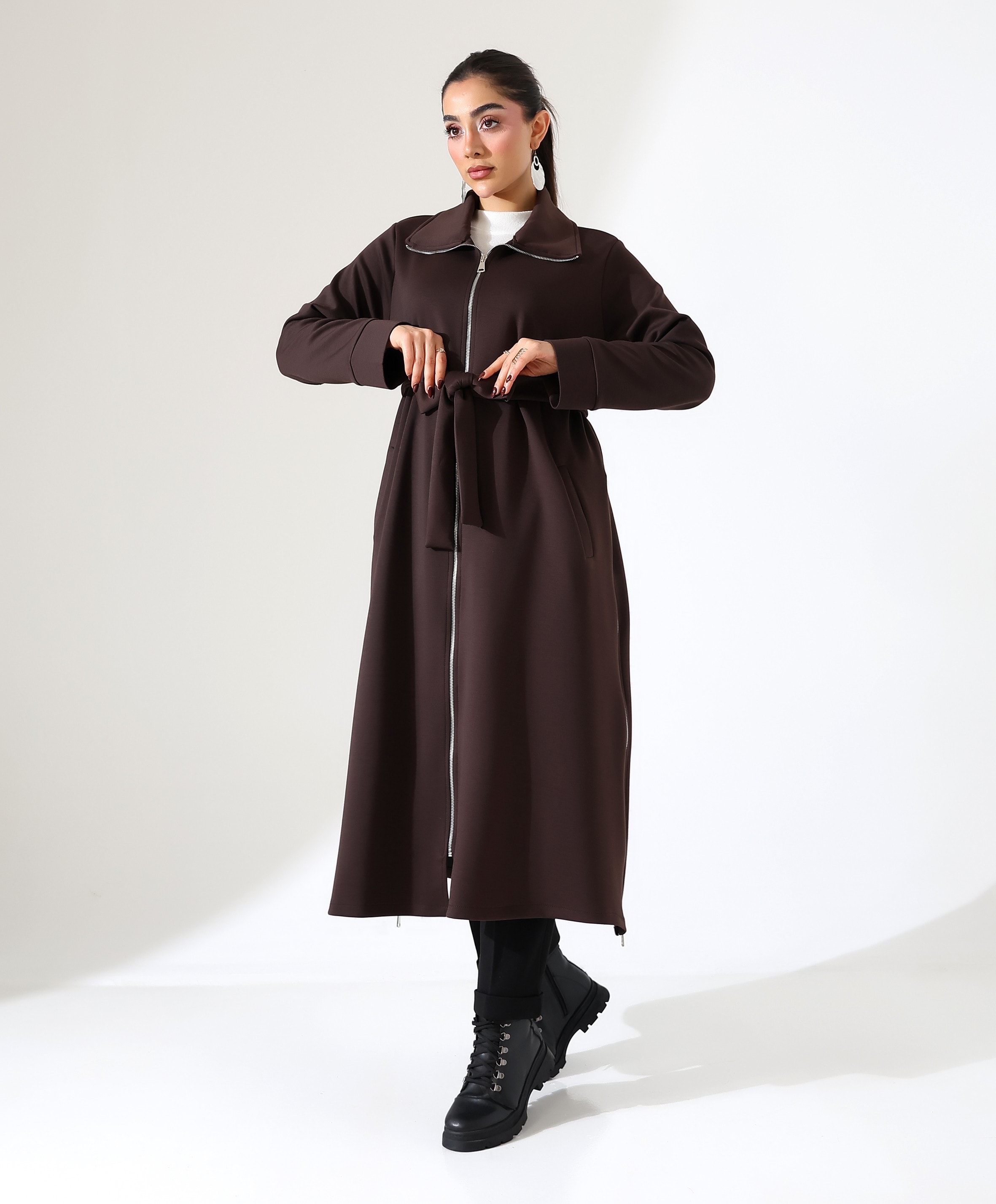 Fermuar Kapama Yırtmaç Detay Uzun Hırka