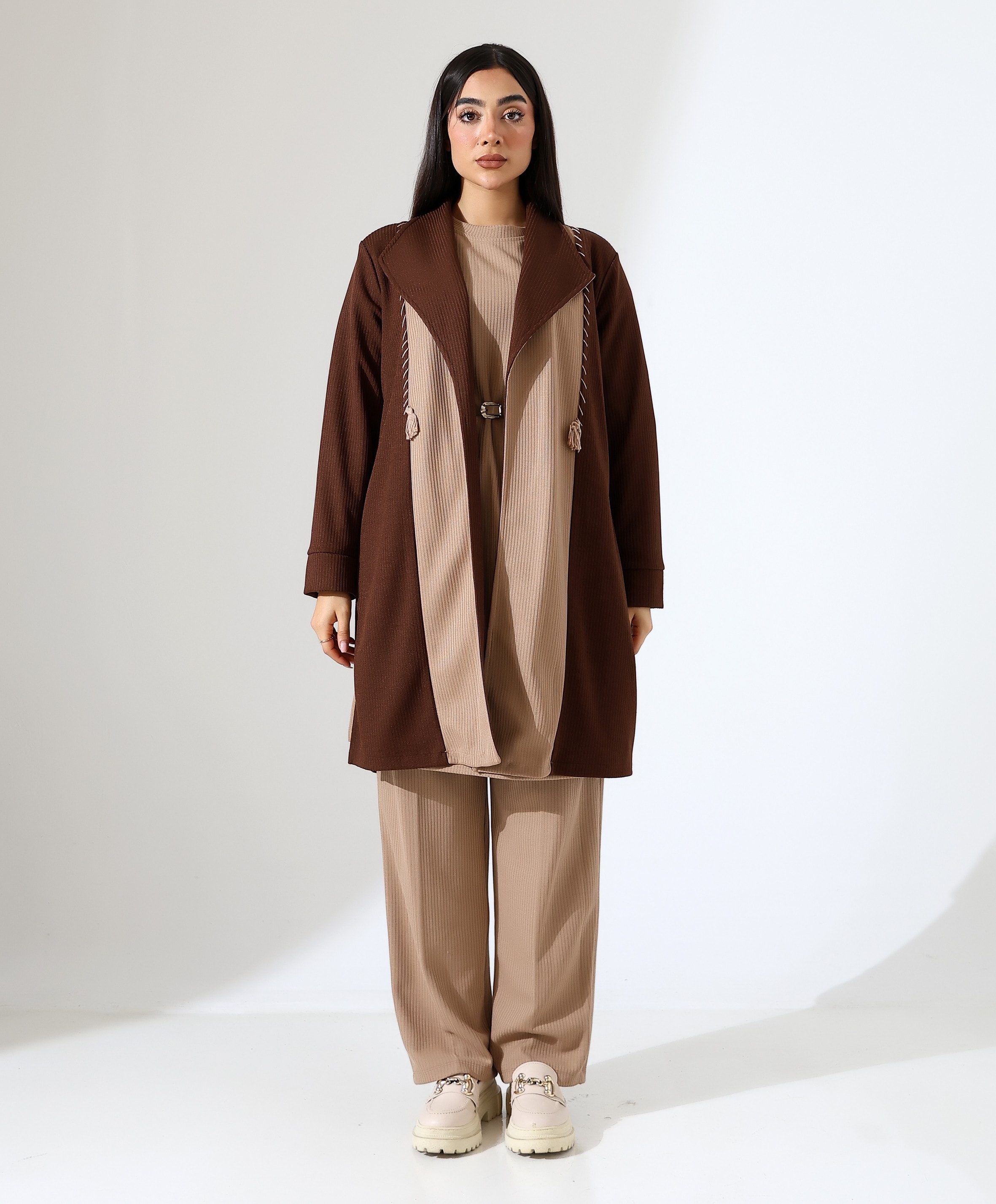 Püskül Detay Çift Renk Hırka - KAHVE