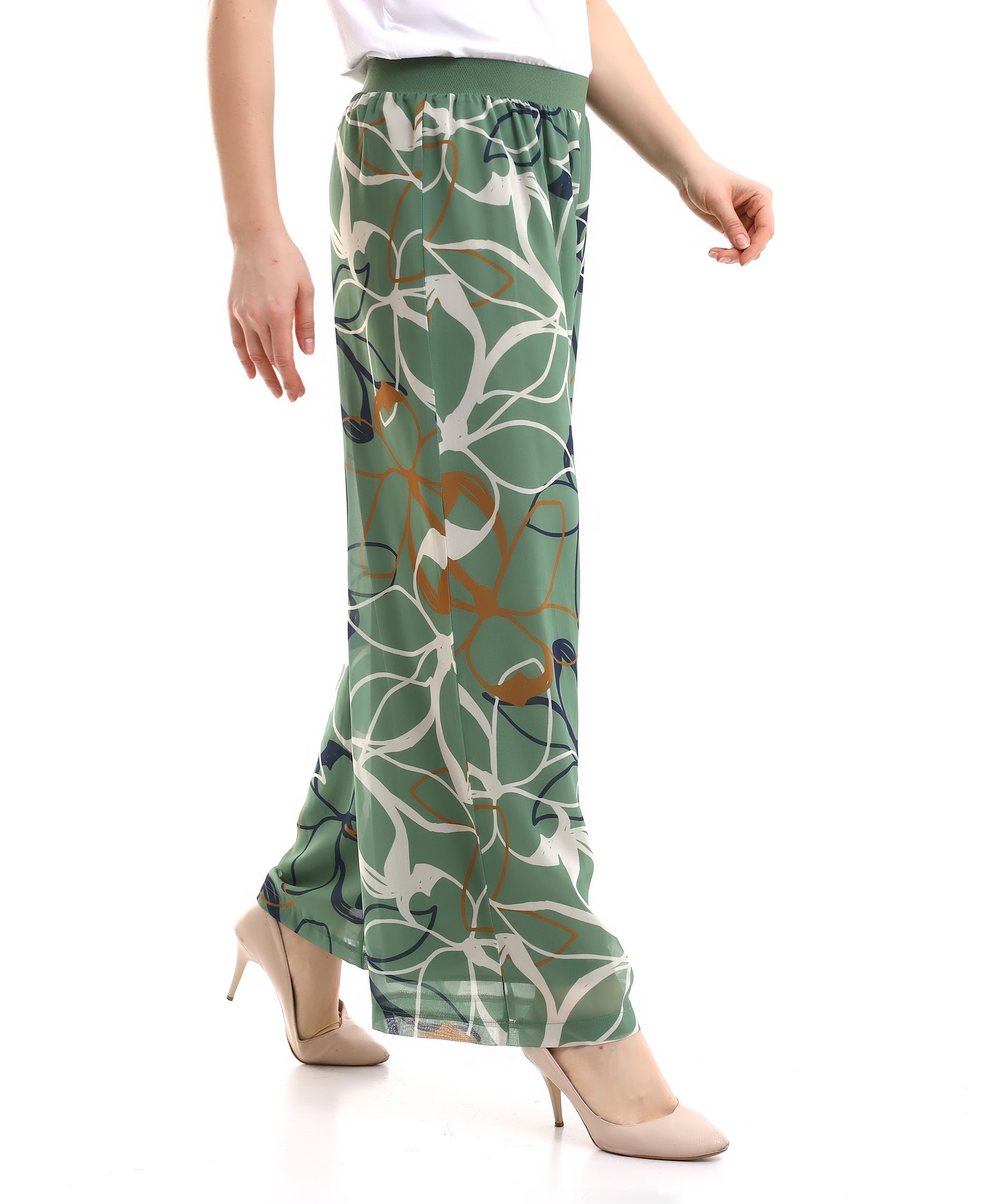 Papatya Desen Beli Lastikli Şifon Pantolon