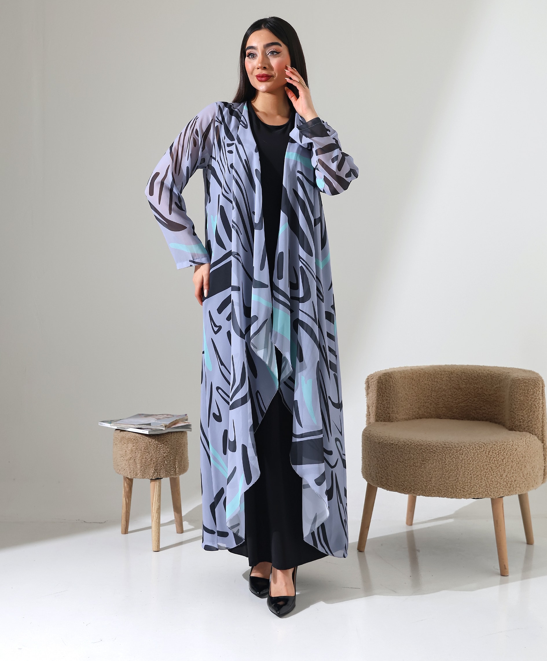 Şal Yaka Desenli Şifon Hırka - GRİ