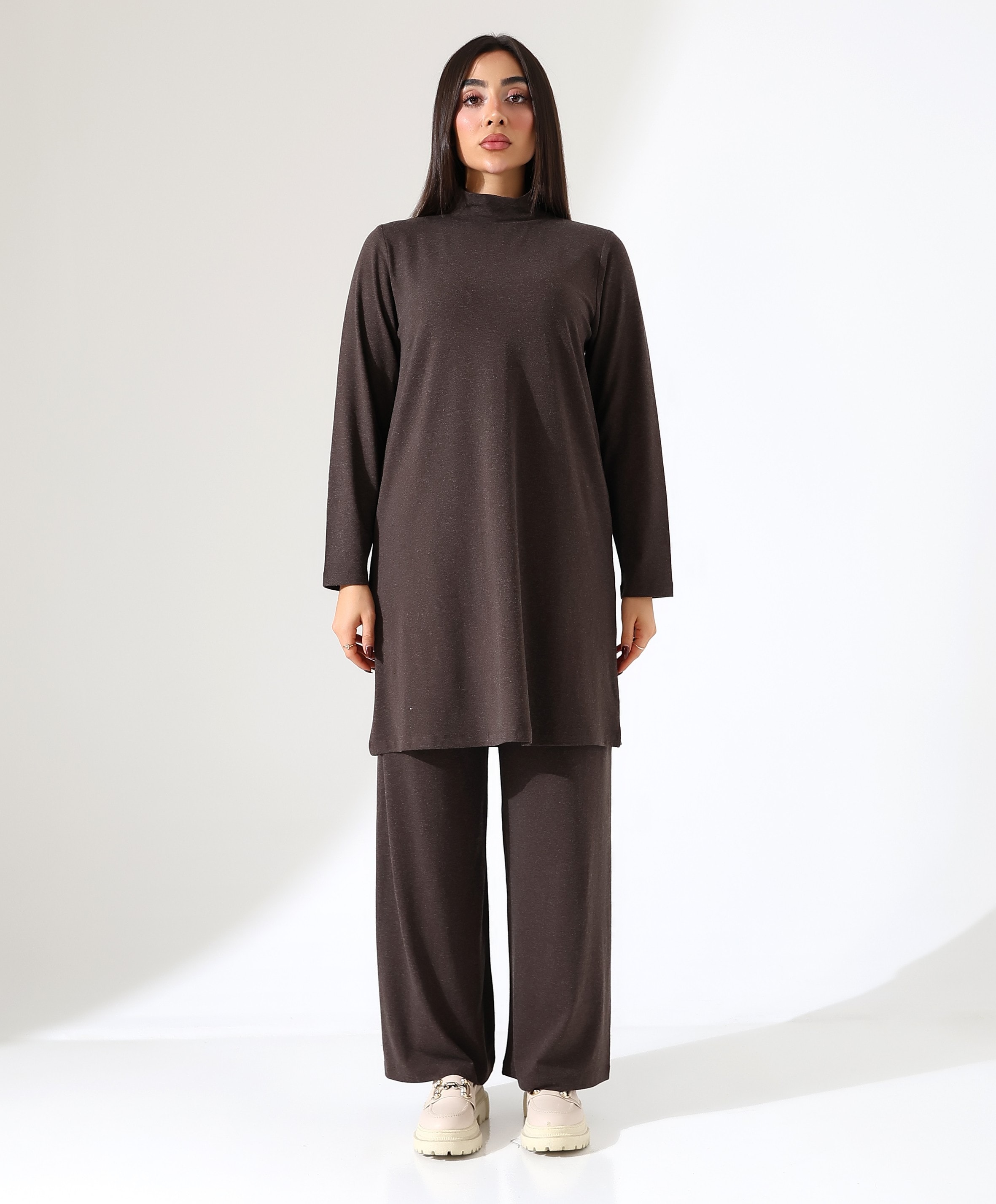 Boğazlı Yün Viskon Uzun Tunik - KAHVE