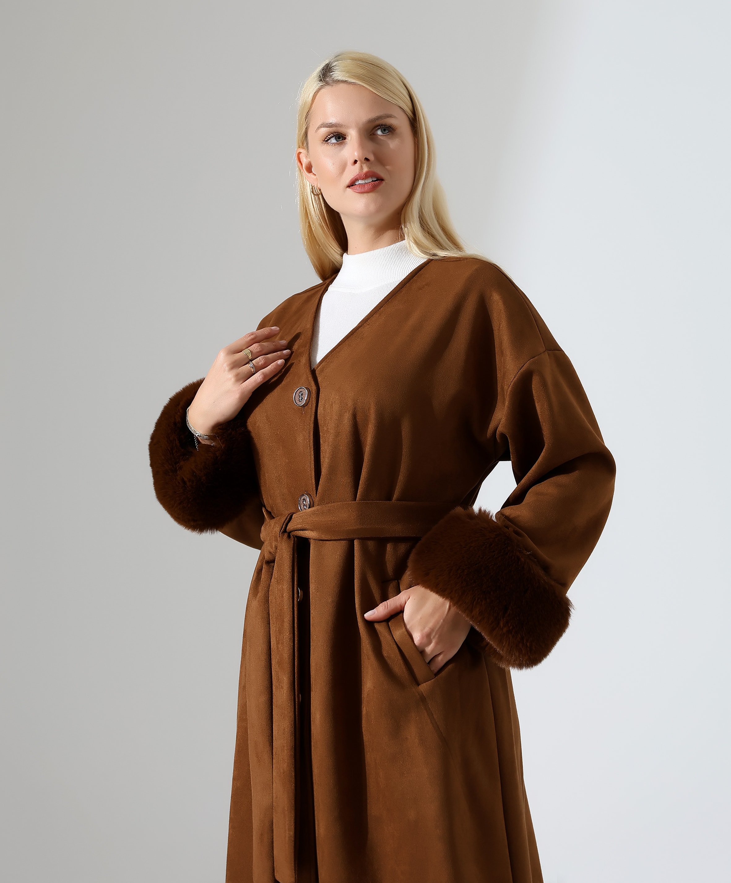 Kürk Detay Düğme Kapama Bol Ceket