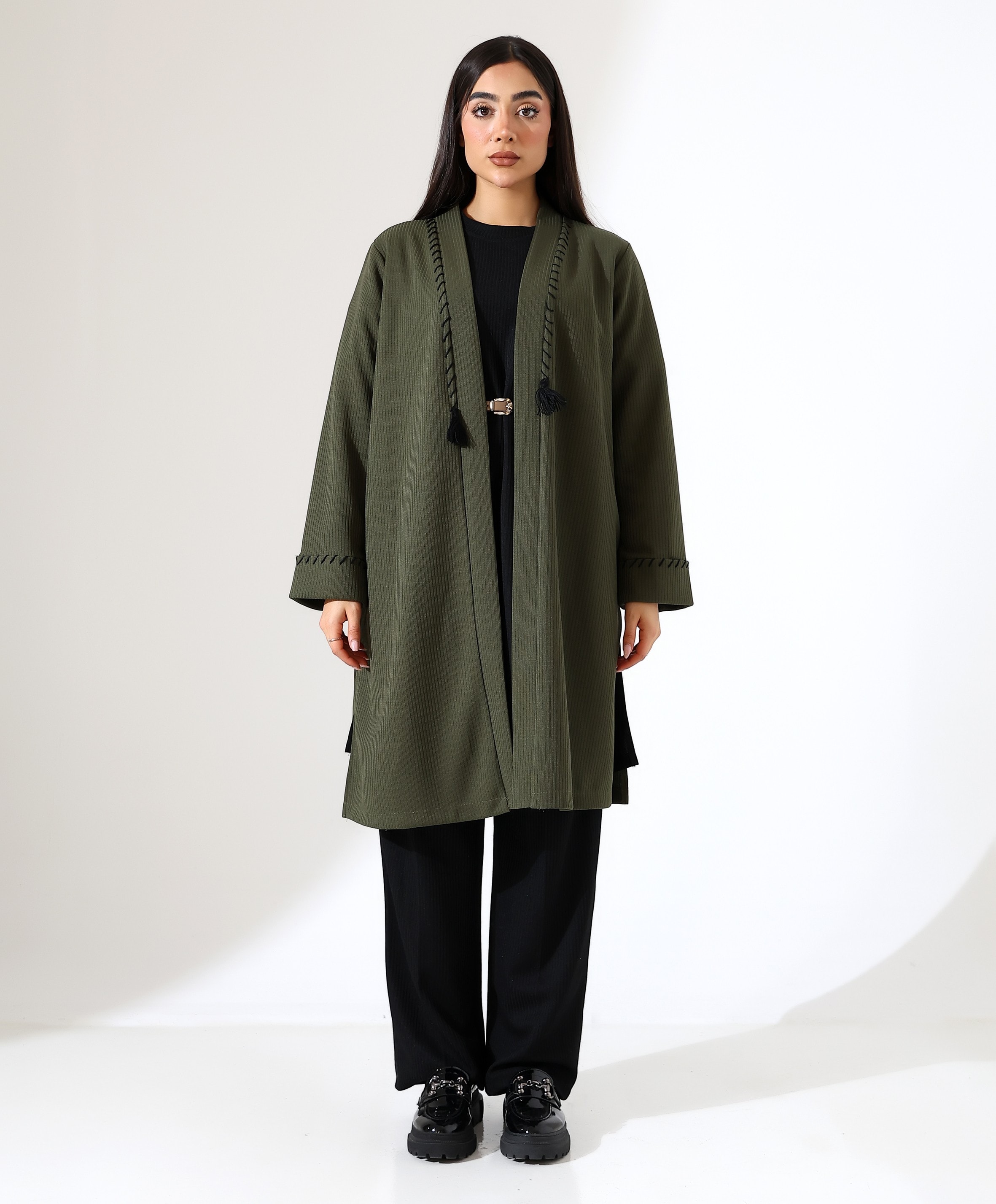 Püskül Detay Bol Kalıp Uzun Hırka - HAKİ