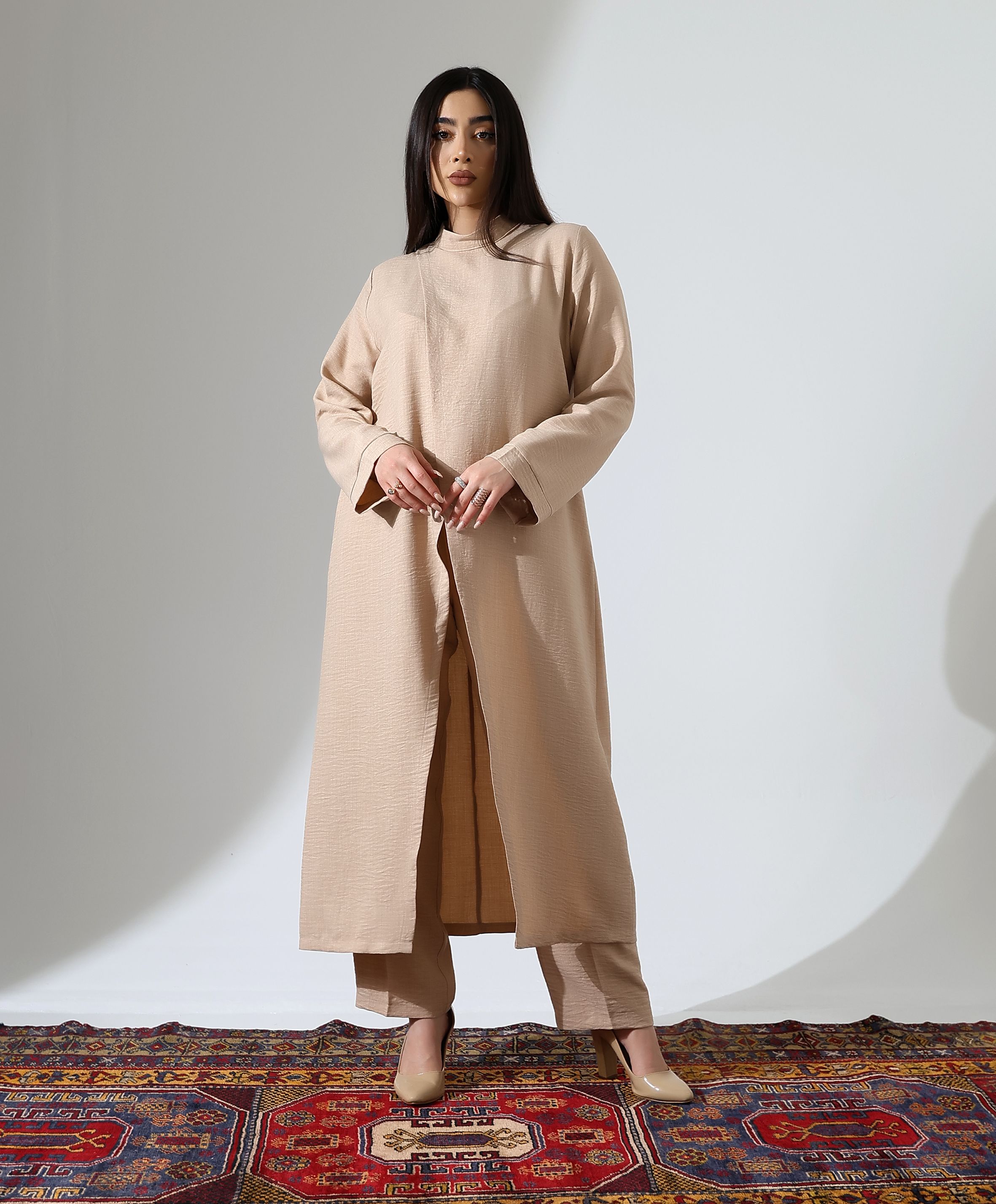 Asimetrik Hakime Yaka Tunik Takım - CAMEL