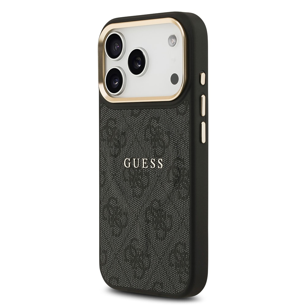 Apple iPhone 17 Pro Kılıf Guess Orjinal Lisanslı M-safe Şarj Özellikli Gold Metal Kamera Çerçeveli PU Deri 4G Desenli Yazı Logolu Kapak