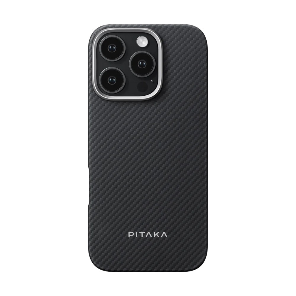 iPhone 16 Pro Max Kılıf Magsafe Şarj Özellikli 600D Aramid Fiber Pitaka Ultra-Slim Classic Serisi Black-Grey Twill Kılıf