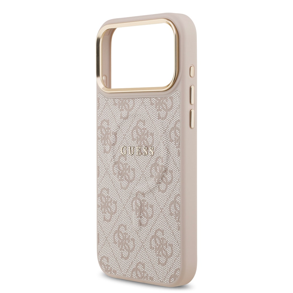 Apple iPhone 17 Pro Max Kılıf Guess Orjinal Lisanslı M-safe Şarj Özellikli Gold Metal Kamera Çerçeveli PU Deri 4G Desenli Yazı Logolu Kapak