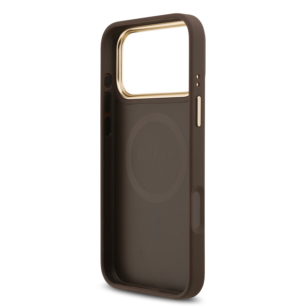 Apple iPhone 17 Pro Max Kılıf Guess Orjinal Lisanslı M-safe Şarj Özellikli Gold Metal Kamera Çerçeveli Taşlı 4G Logolu Kapak