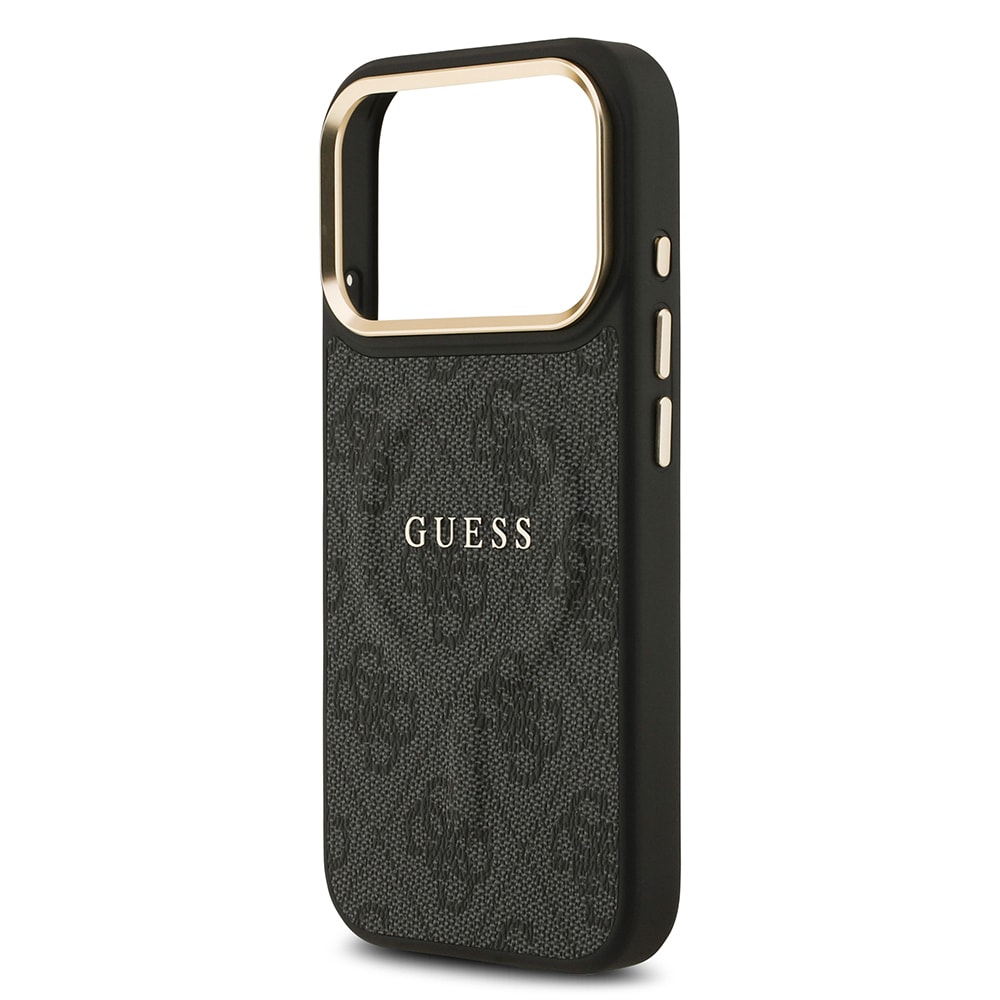 Apple iPhone 17 Pro Kılıf Guess Orjinal Lisanslı M-safe Şarj Özellikli Gold Metal Kamera Çerçeveli PU Deri 4G Desenli Yazı Logolu Kapak