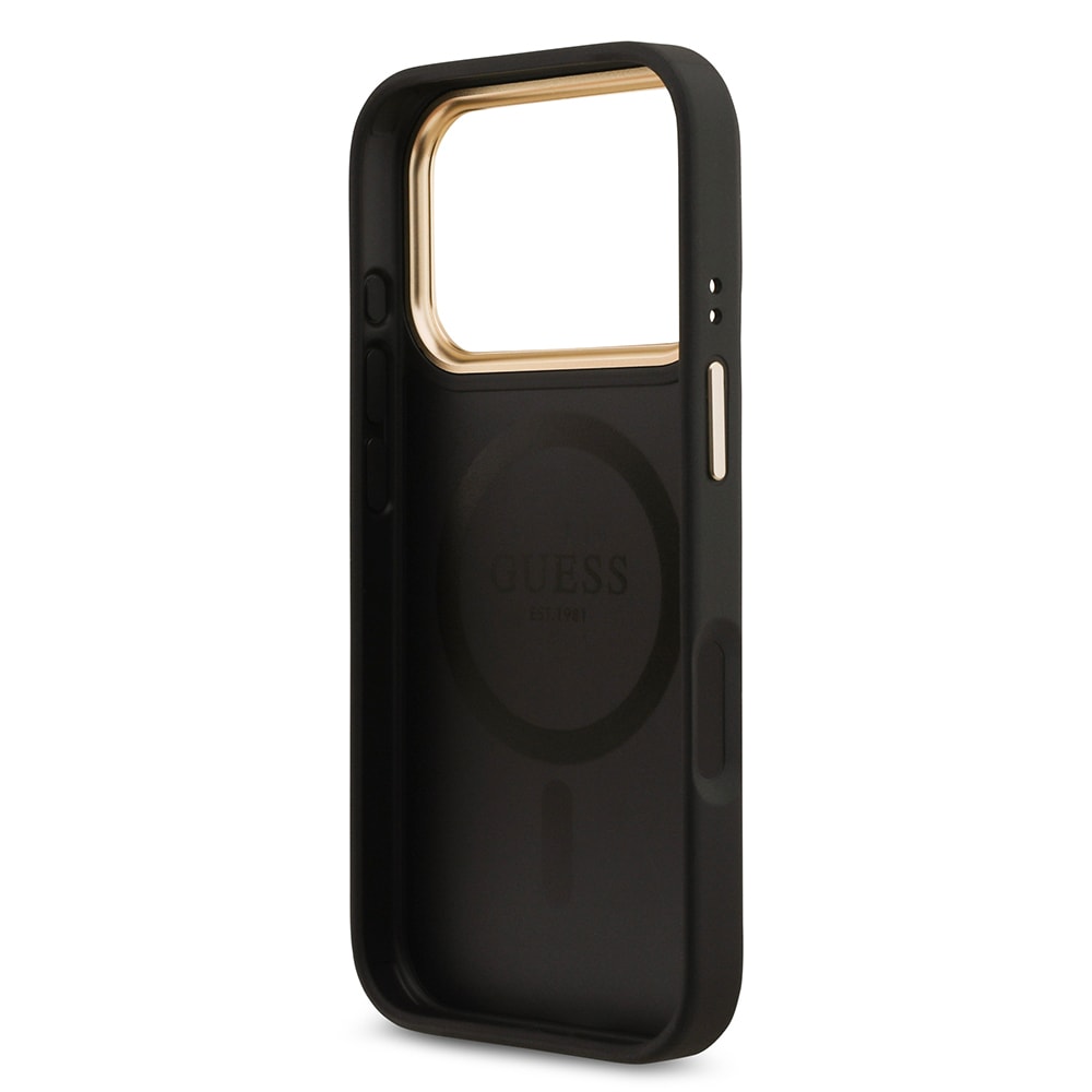 Apple iPhone 17 Pro Kılıf Guess Orjinal Lisanslı M-safe Şarj Özellikli Gold Metal Kamera Çerçeveli Taşlı 4G Logolu Kapak