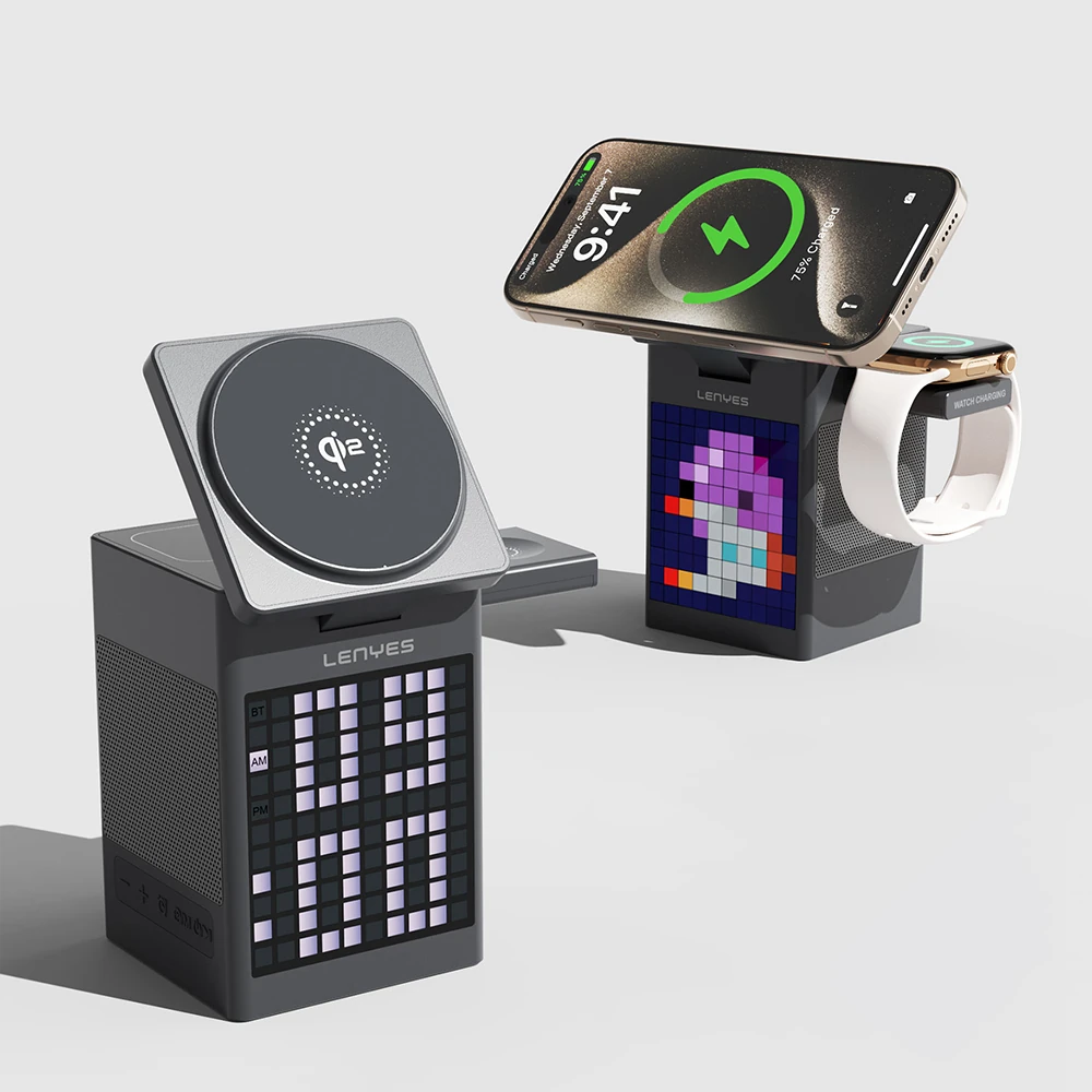 Lenyes PW320 Qi2 Şarj Teknolojili Alarmlı Bluuetooth Speaker Özellikli Telefon&Akıllı Saat&Kulaklık 15W 6in1 Kablosuz Şarj Standı