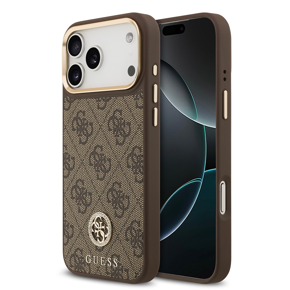 Apple iPhone 17 Pro Max Kılıf Guess Orjinal Lisanslı M-safe Şarj Özellikli Gold Metal Kamera Çerçeveli Taşlı 4G Logolu Kapak