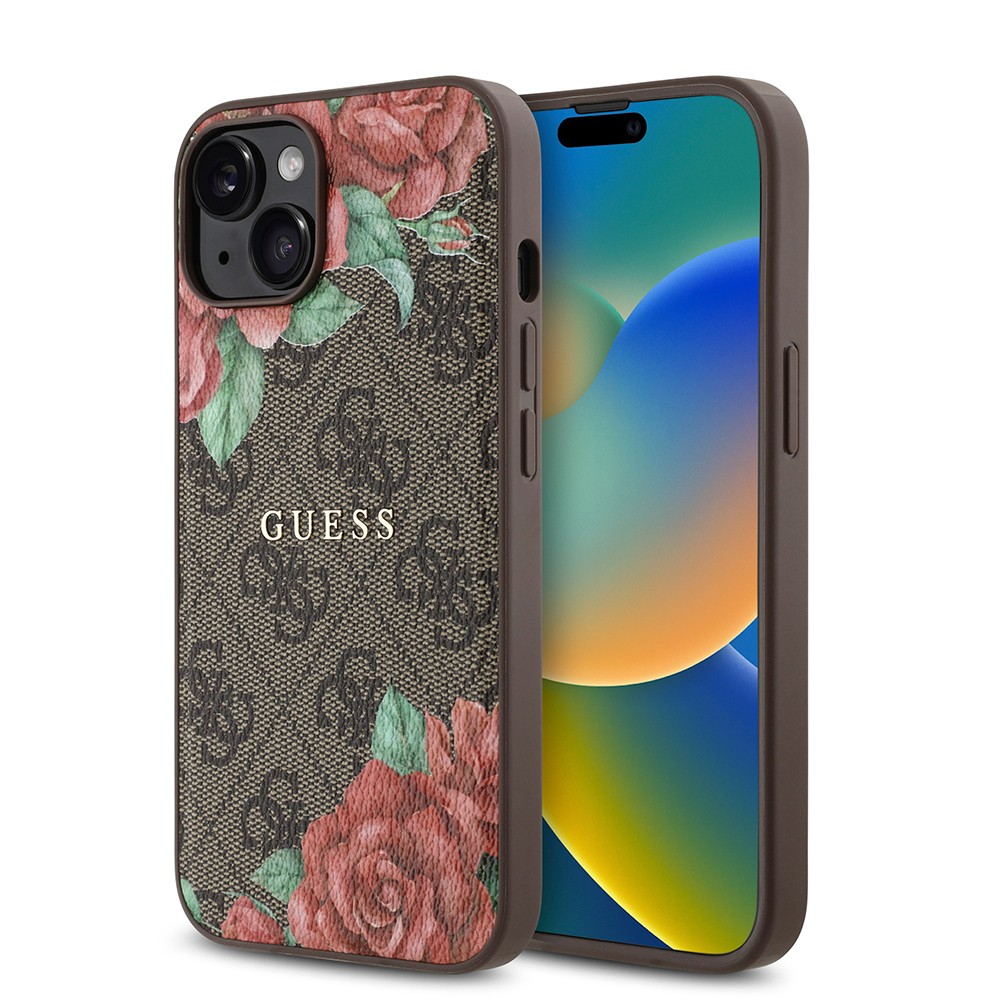 iPhone 14 Kılıf Guess Orjinal Lisanslı Magsafe Şarj Özellikli Gül Baskılı 4G Desenli Yazı Logolu Kılıf