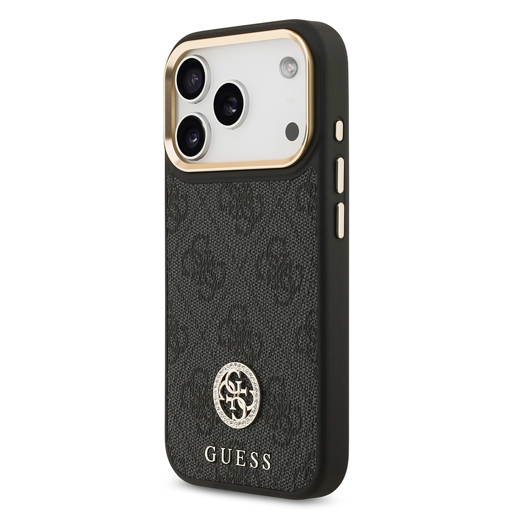 Apple iPhone 17 Pro Kılıf Guess Orjinal Lisanslı M-safe Şarj Özellikli Gold Metal Kamera Çerçeveli Taşlı 4G Logolu Kapak
