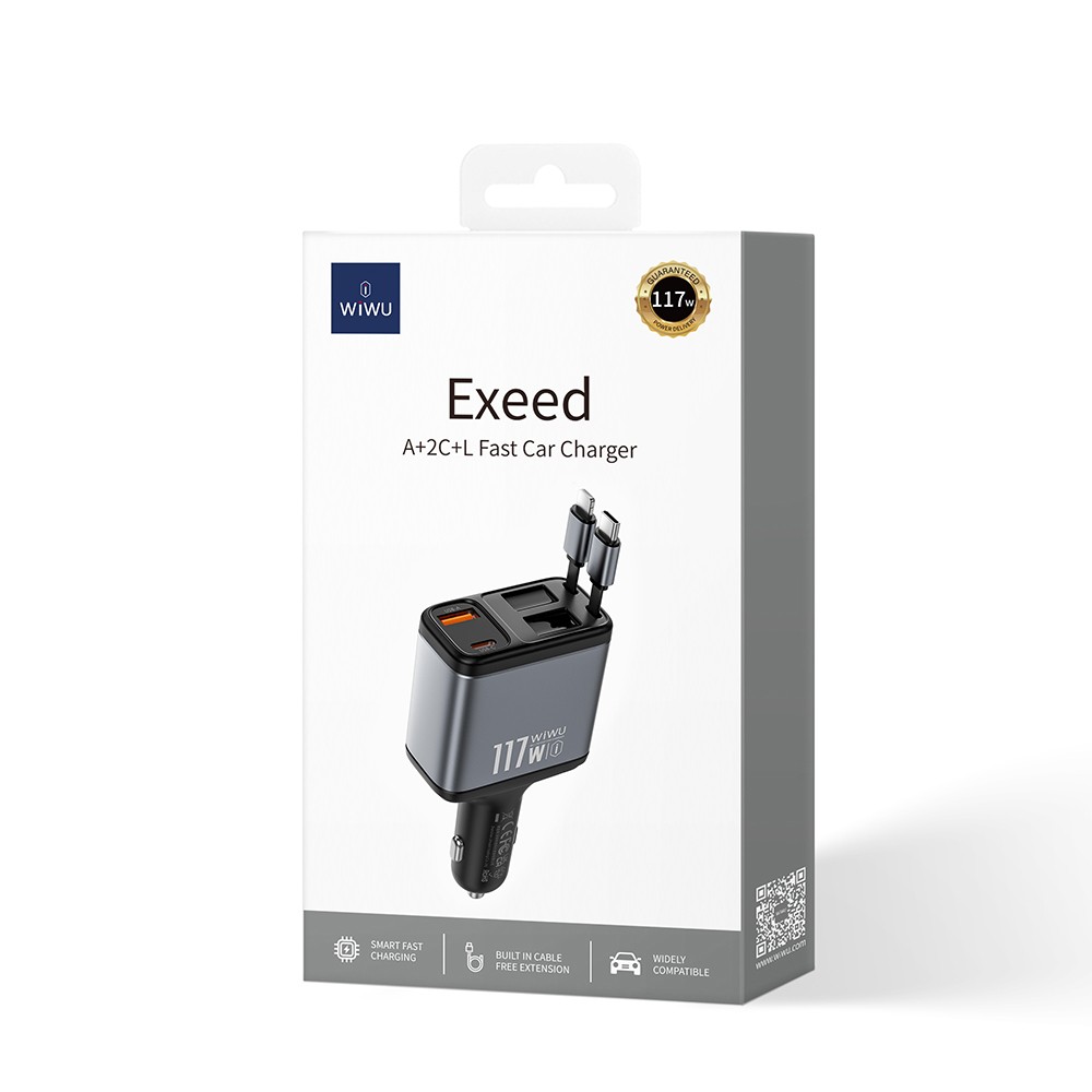 Wiwu Wi-QC027 Exeed Serisi Type-C&Lightning Kablolu + USB-A Hızlı Şarj Özellikli Led Göstergeli Araç Şarj Aleti 117W