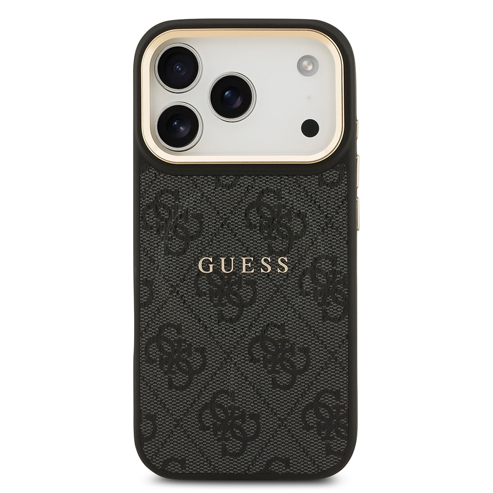 Apple iPhone 17 Pro Kılıf Guess Orjinal Lisanslı M-safe Şarj Özellikli Gold Metal Kamera Çerçeveli PU Deri 4G Desenli Yazı Logolu Kapak