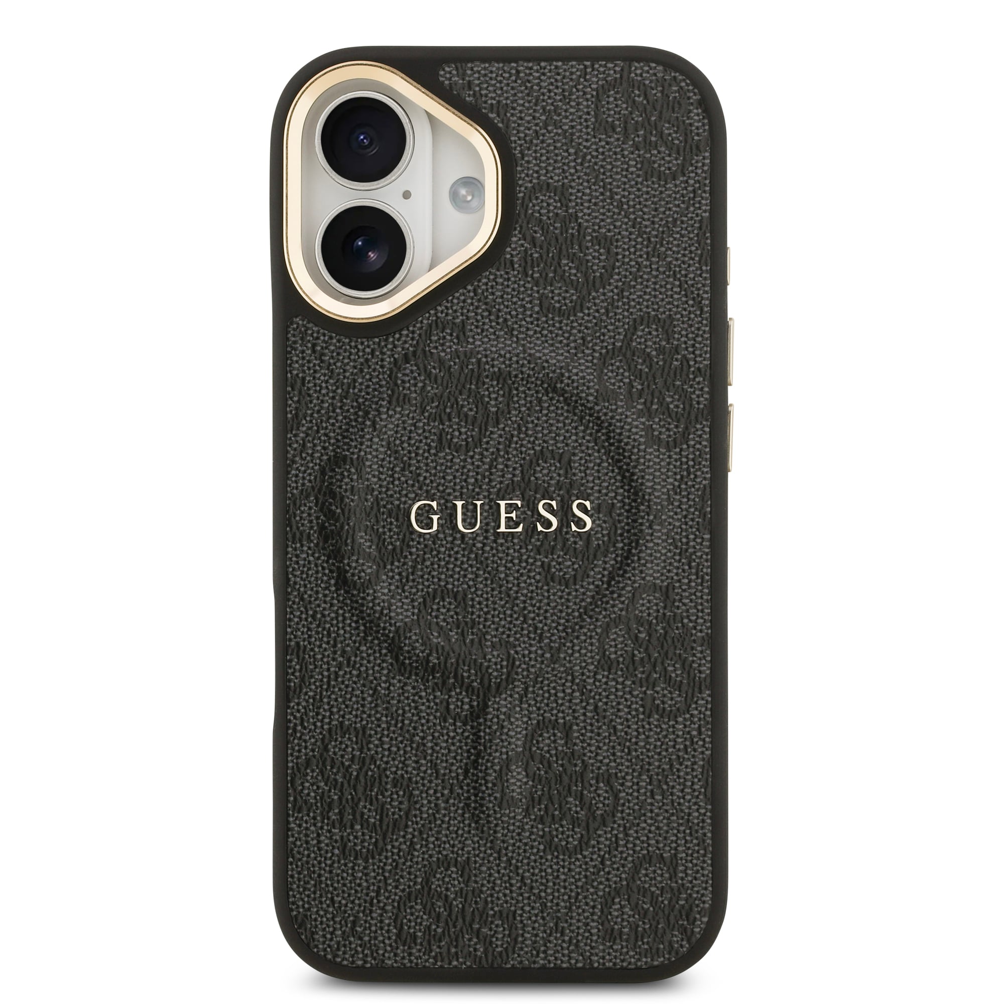 Apple iPhone 17 Kılıf Guess Orjinal Lisanslı M-safe Şarj Özellikli Gold Metal Kamera Çerçeveli PU Deri 4G Desenli Yazı Logolu Kapak