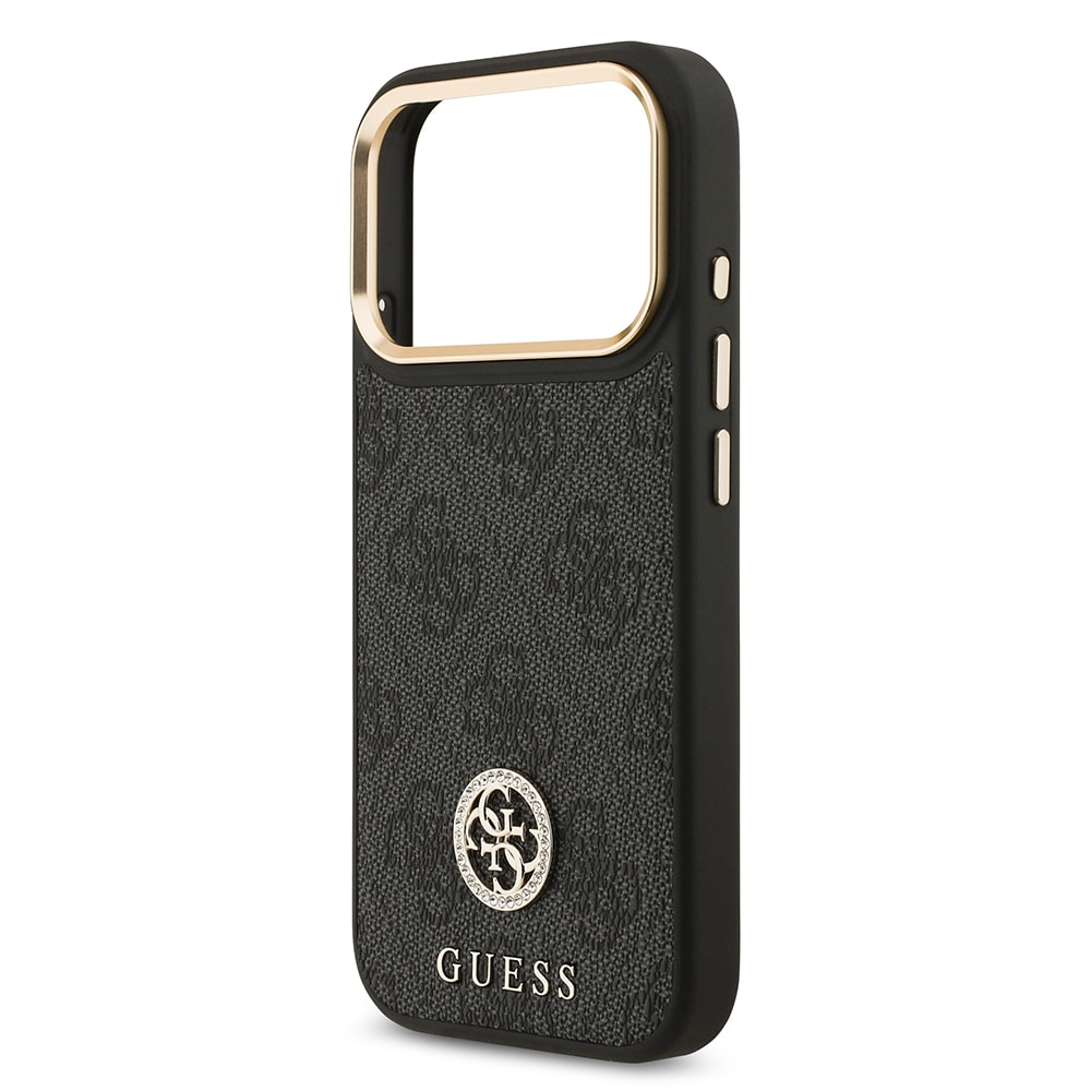 Apple iPhone 17 Pro Kılıf Guess Orjinal Lisanslı M-safe Şarj Özellikli Gold Metal Kamera Çerçeveli Taşlı 4G Logolu Kapak
