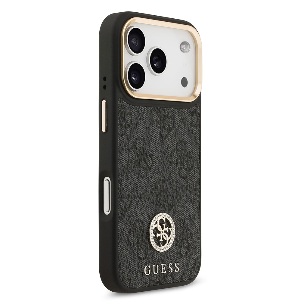 Apple iPhone 17 Pro Kılıf Guess Orjinal Lisanslı M-safe Şarj Özellikli Gold Metal Kamera Çerçeveli Taşlı 4G Logolu Kapak