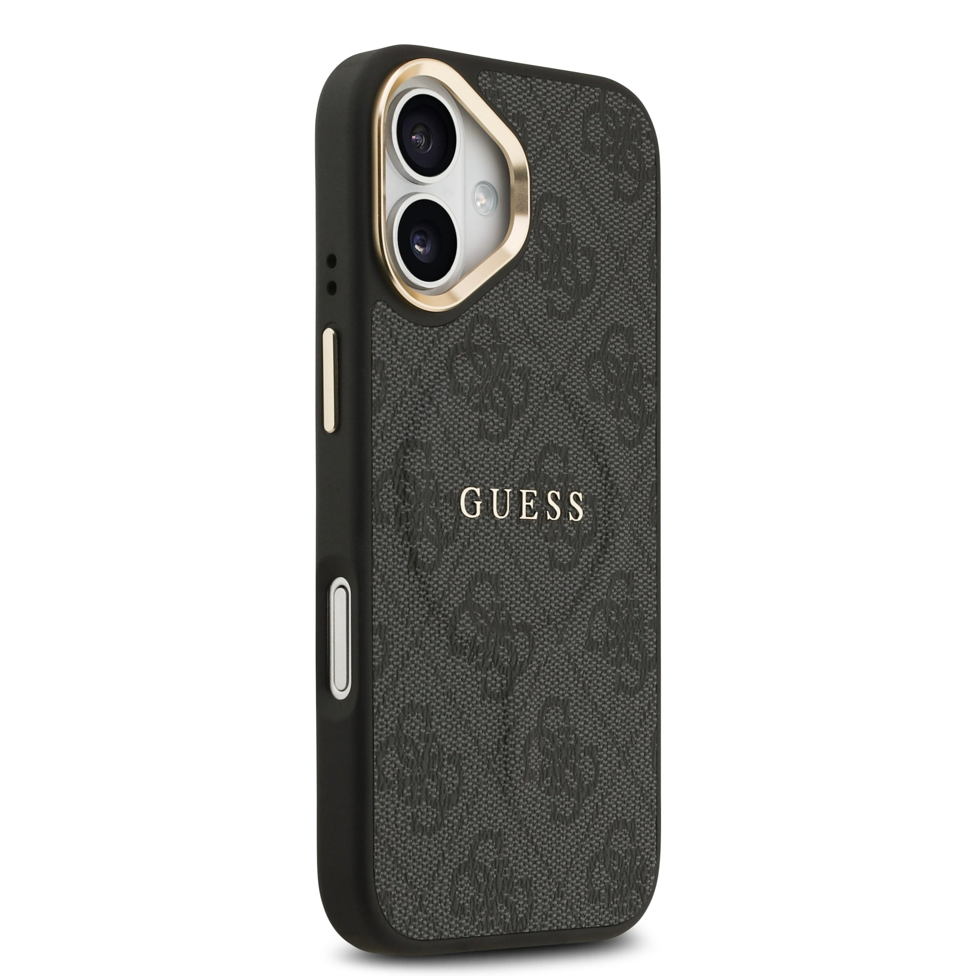 Apple iPhone 17 Kılıf Guess Orjinal Lisanslı M-safe Şarj Özellikli Gold Metal Kamera Çerçeveli PU Deri 4G Desenli Yazı Logolu Kapak
