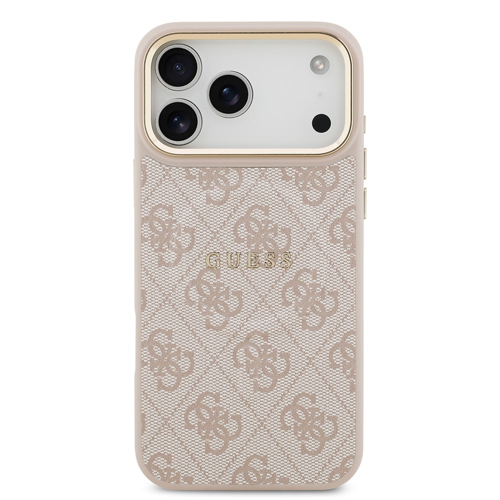Apple iPhone 17 Pro Max Kılıf Guess Orjinal Lisanslı M-safe Şarj Özellikli Gold Metal Kamera Çerçeveli PU Deri 4G Desenli Yazı Logolu Kapak