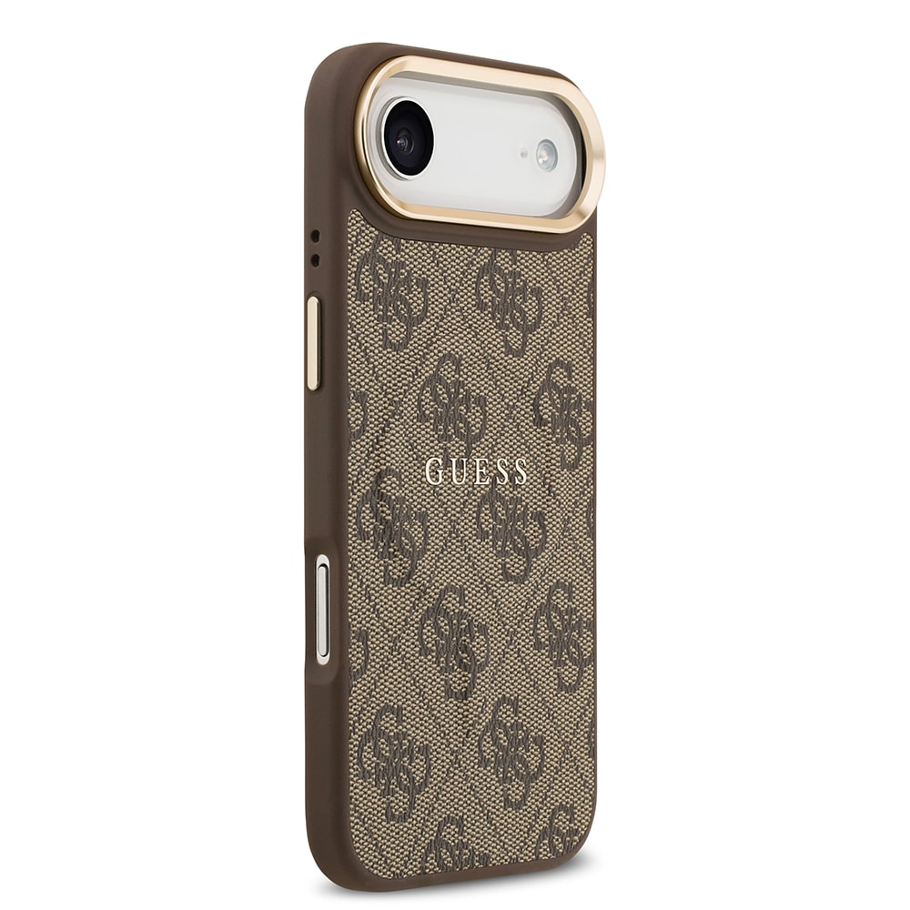 Apple iPhone 17 Air Kılıf Guess Orjinal Lisanslı M-safe Şarj Özellikli Gold Metal Kamera Çerçeveli PU Deri 4G Desenli Yazı Logolu Kapak