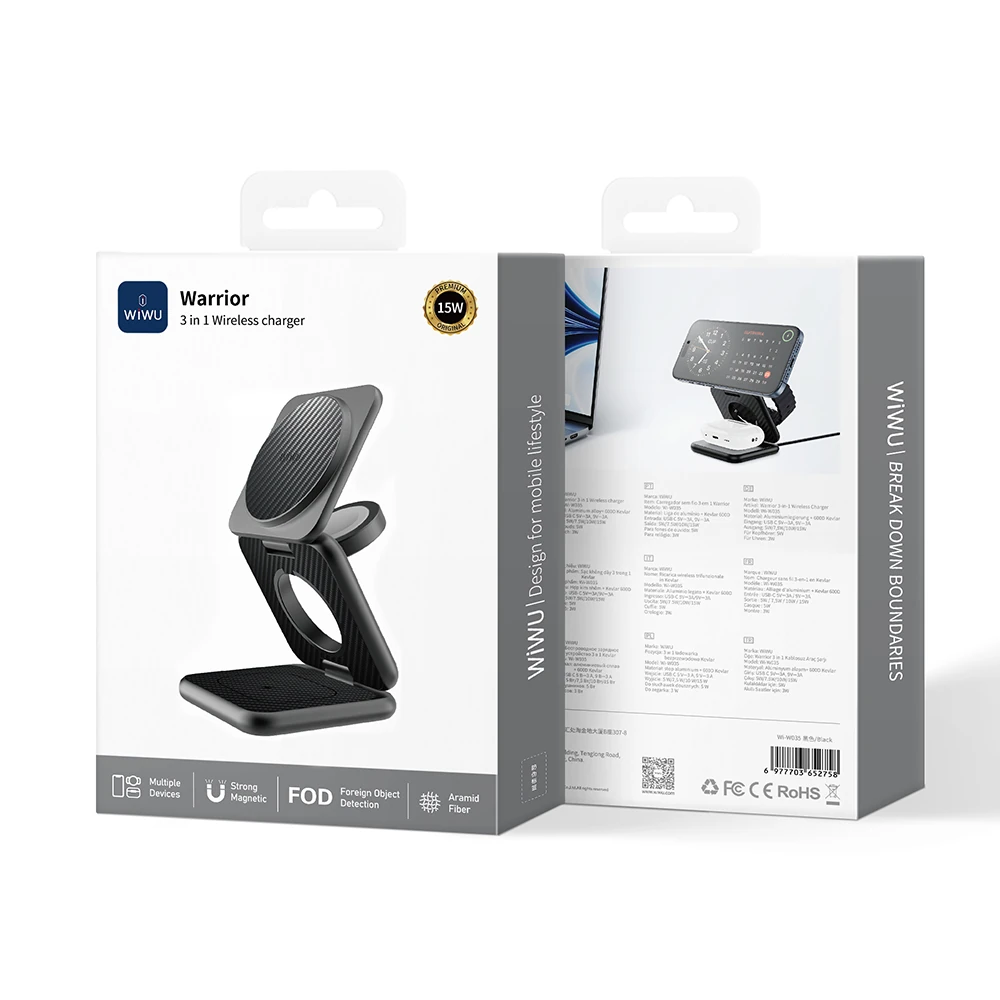 Wiwu Wi-W035 3 in 1 Magnetik Hızlı Şarj Özellikli Aramid Fiber Kablosuz Şarj Standı 15W