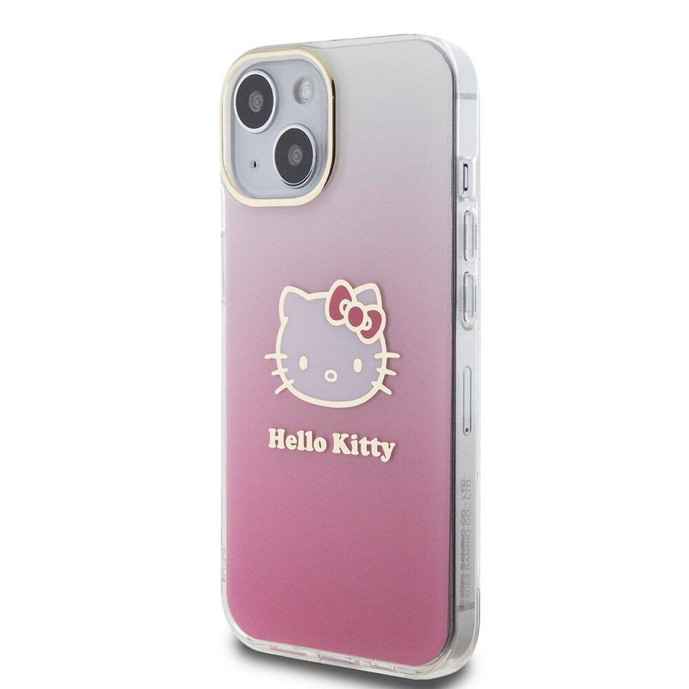 iPhone 15 Kılıf Hello Kitty Orjinal Lisanslı Yazı ve İkonik Logolu Elektroplating Kaplama Gradyan Kılıf