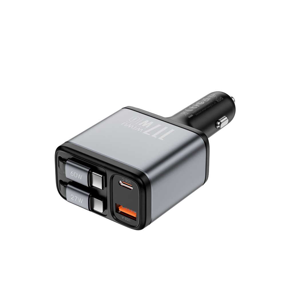 Wiwu Wi-QC027 Exeed Serisi Type-C&Lightning Kablolu + USB-A Hızlı Şarj Özellikli Led Göstergeli Araç Şarj Aleti 117W