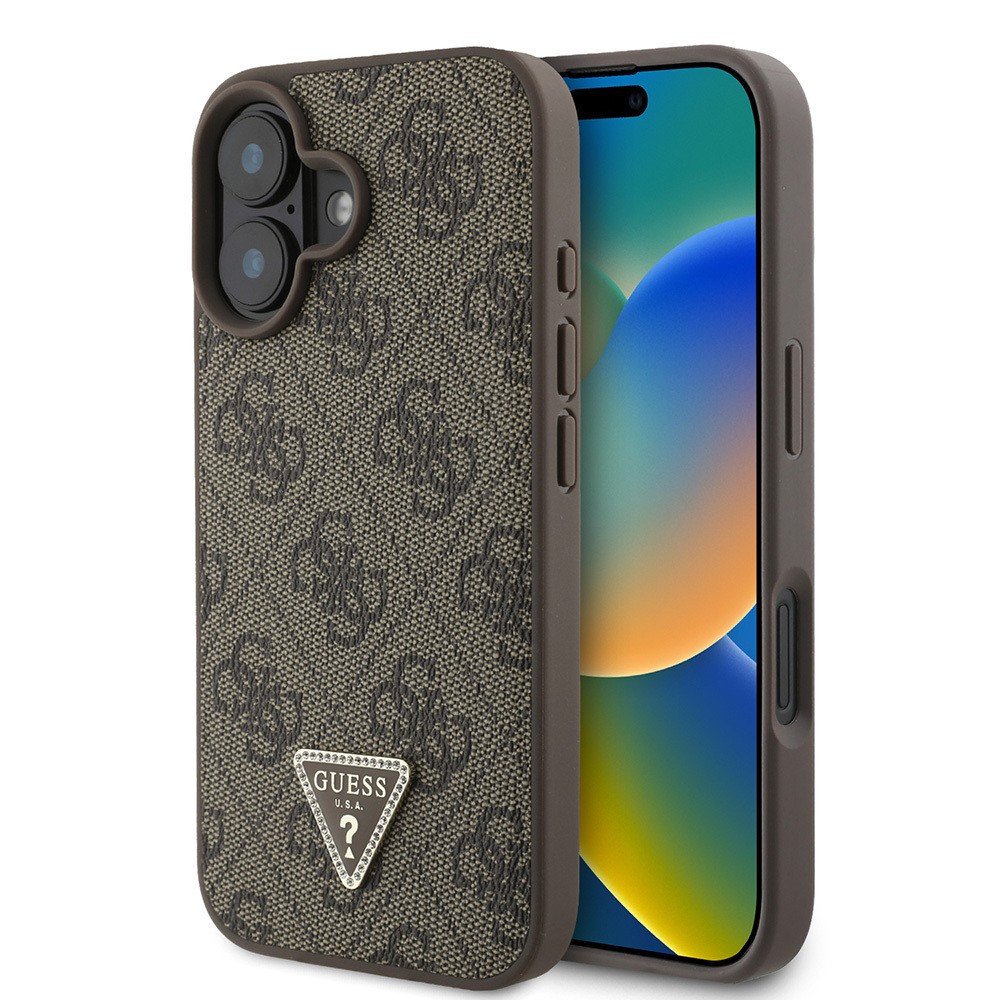 Apple iPhone 16 Kılıf Guess Orjinal Lisanslı PU Deri Taşlı Üçgen Logo 4G Desenli Strass Kapak