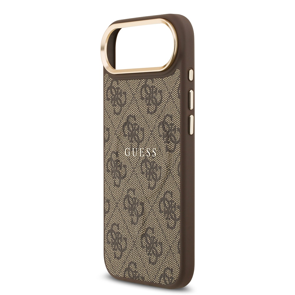 Apple iPhone 17 Air Kılıf Guess Orjinal Lisanslı M-safe Şarj Özellikli Gold Metal Kamera Çerçeveli PU Deri 4G Desenli Yazı Logolu Kapak