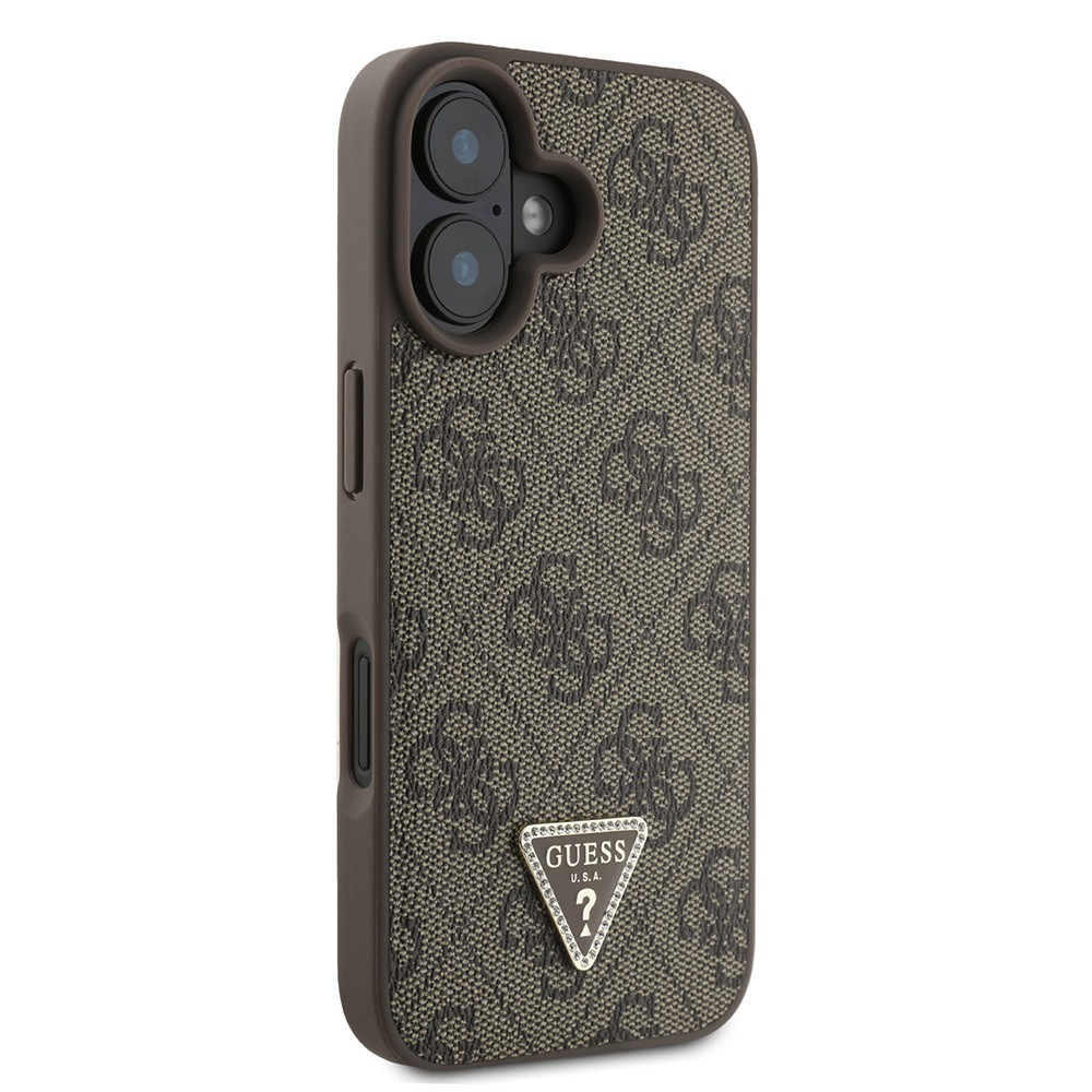 Apple iPhone 16 Kılıf Guess Orjinal Lisanslı PU Deri Taşlı Üçgen Logo 4G Desenli Strass Kapak