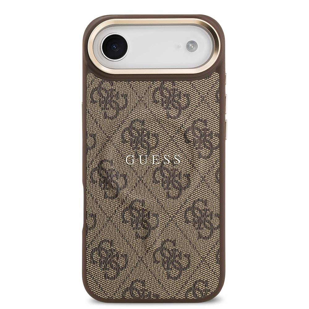 Apple iPhone 17 Air Kılıf Guess Orjinal Lisanslı M-safe Şarj Özellikli Gold Metal Kamera Çerçeveli PU Deri 4G Desenli Yazı Logolu Kapak