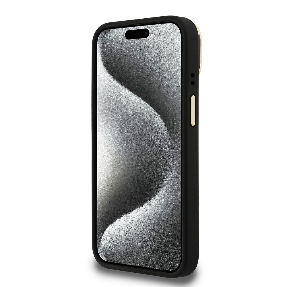 Apple iPhone 15 Kılıf Guess Orjinal Lisanslı PU Deri Taşlı Üçgen Logo 4G Desenli Kamera Standlı Kapak