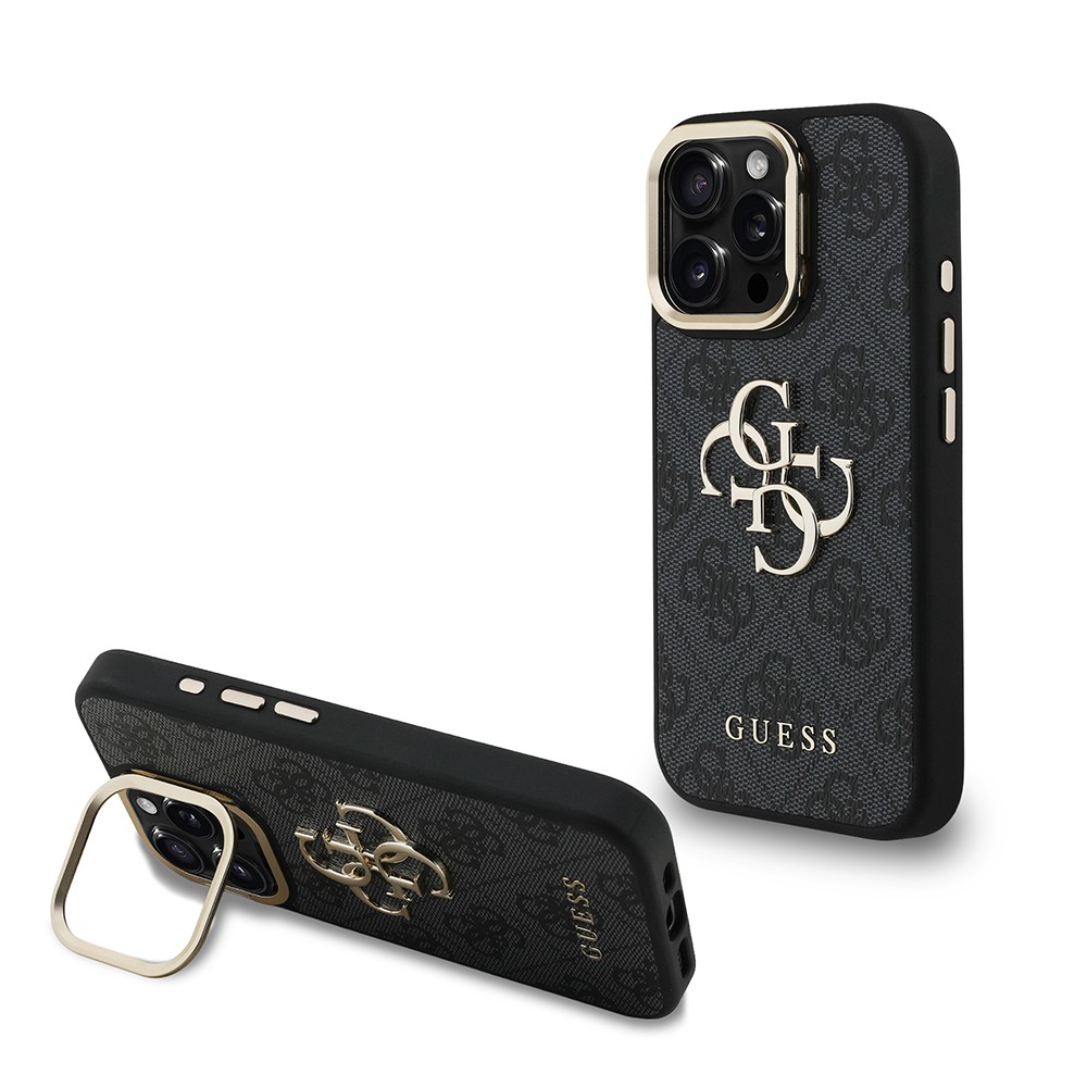 Apple iPhone 16 Pro Kılıf Guess Orjinal Lisanslı PU Deri 4G Desenli Metal Büyük 4G ve Yazı Logolu Kamera Standlı Kapak