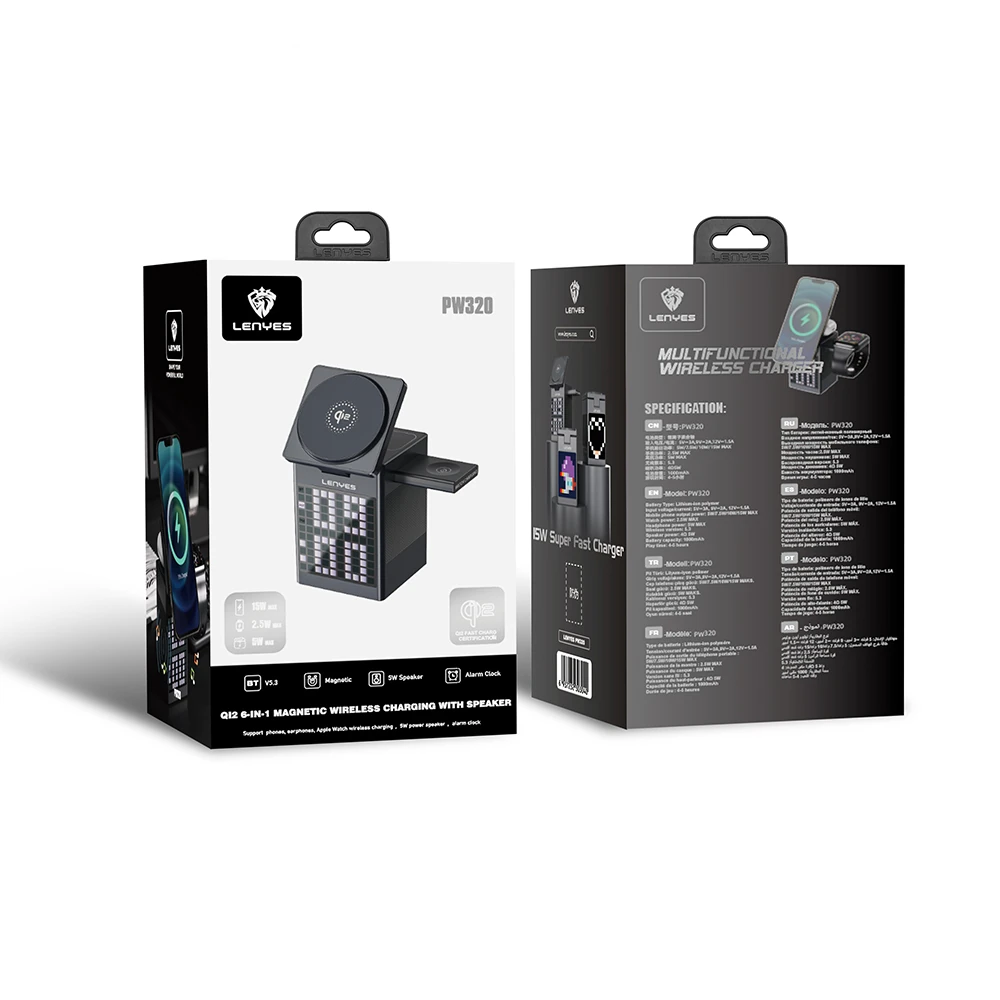 Lenyes PW320 Qi2 Şarj Teknolojili Alarmlı Bluuetooth Speaker Özellikli Telefon&Akıllı Saat&Kulaklık 15W 6in1 Kablosuz Şarj Standı