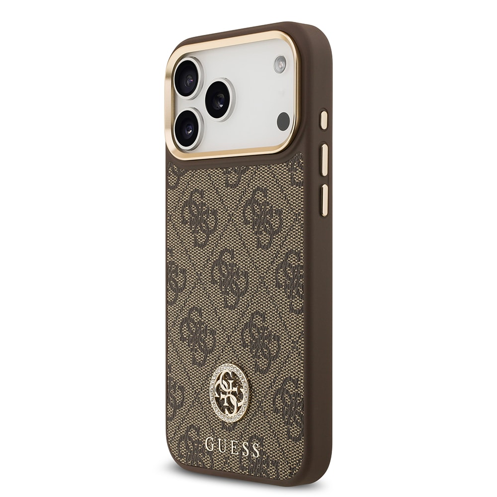 Apple iPhone 17 Pro Max Kılıf Guess Orjinal Lisanslı M-safe Şarj Özellikli Gold Metal Kamera Çerçeveli Taşlı 4G Logolu Kapak