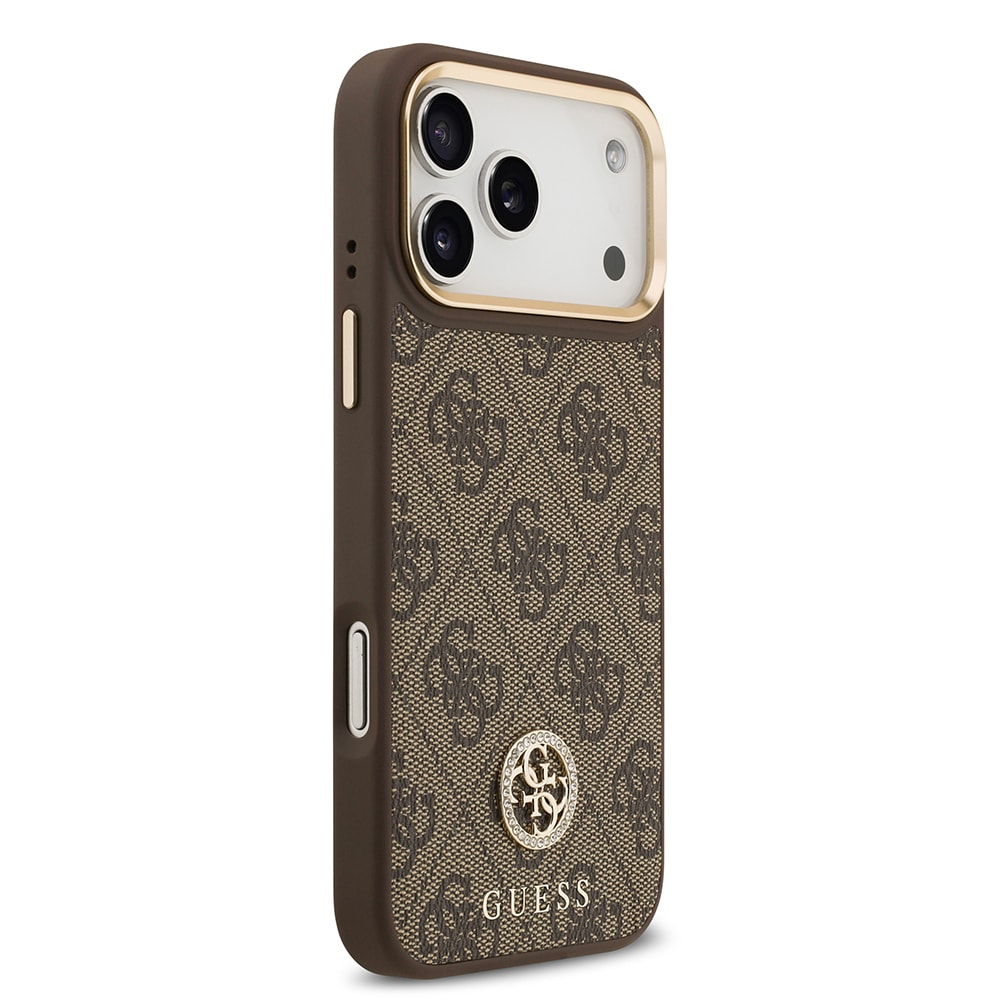 Apple iPhone 17 Pro Max Kılıf Guess Orjinal Lisanslı M-safe Şarj Özellikli Gold Metal Kamera Çerçeveli Taşlı 4G Logolu Kapak