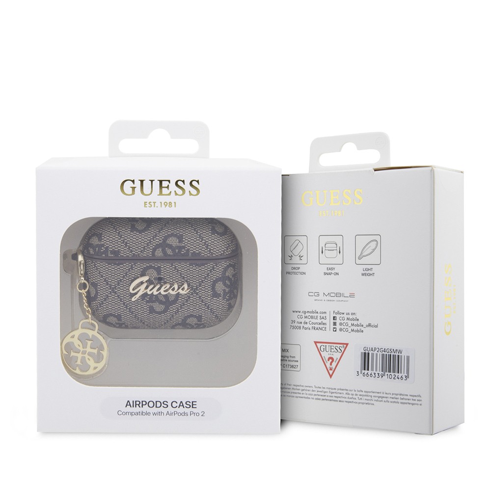 Airpods Pro 2 Kılıf Guess Orjinal Lisanslı 4G Desenli Metal Script Logolu 4G Charm PU Deri Kapak