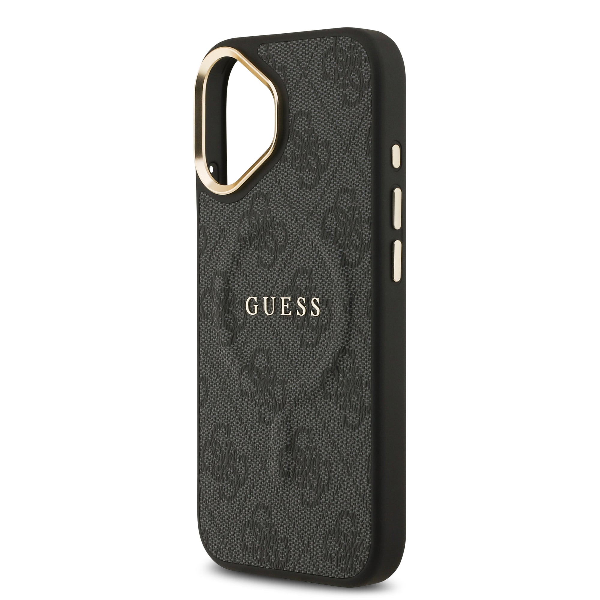 Apple iPhone 17 Kılıf Guess Orjinal Lisanslı M-safe Şarj Özellikli Gold Metal Kamera Çerçeveli PU Deri 4G Desenli Yazı Logolu Kapak