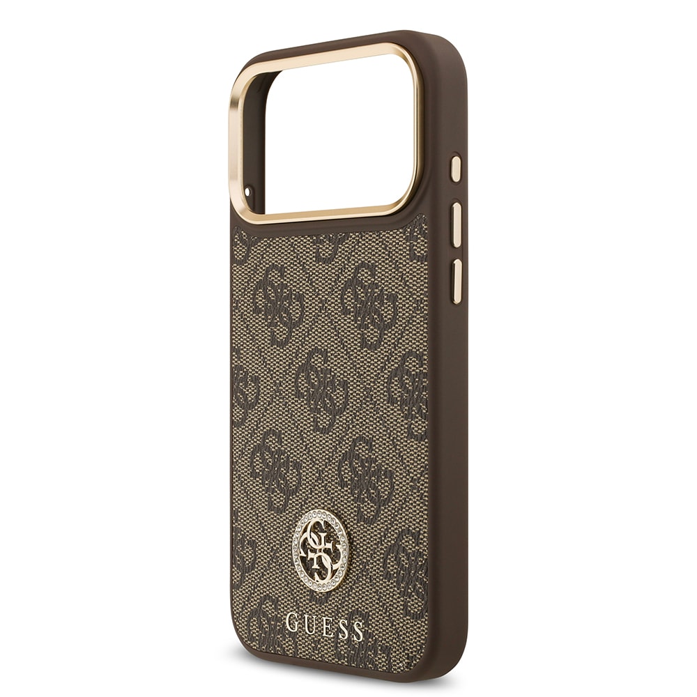 Apple iPhone 17 Pro Max Kılıf Guess Orjinal Lisanslı M-safe Şarj Özellikli Gold Metal Kamera Çerçeveli Taşlı 4G Logolu Kapak
