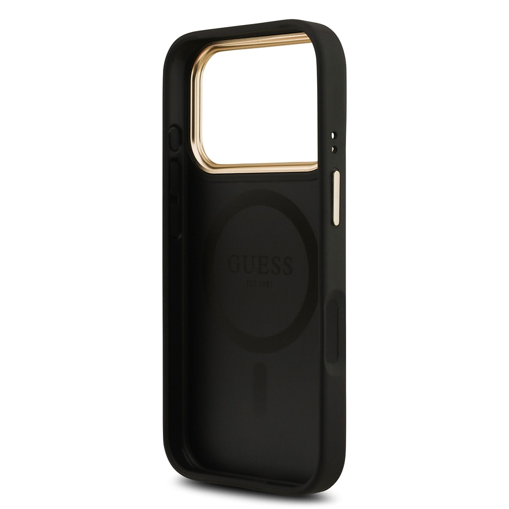 Apple iPhone 17 Pro Kılıf Guess Orjinal Lisanslı M-safe Şarj Özellikli Gold Metal Kamera Çerçeveli PU Deri 4G Desenli Yazı Logolu Kapak