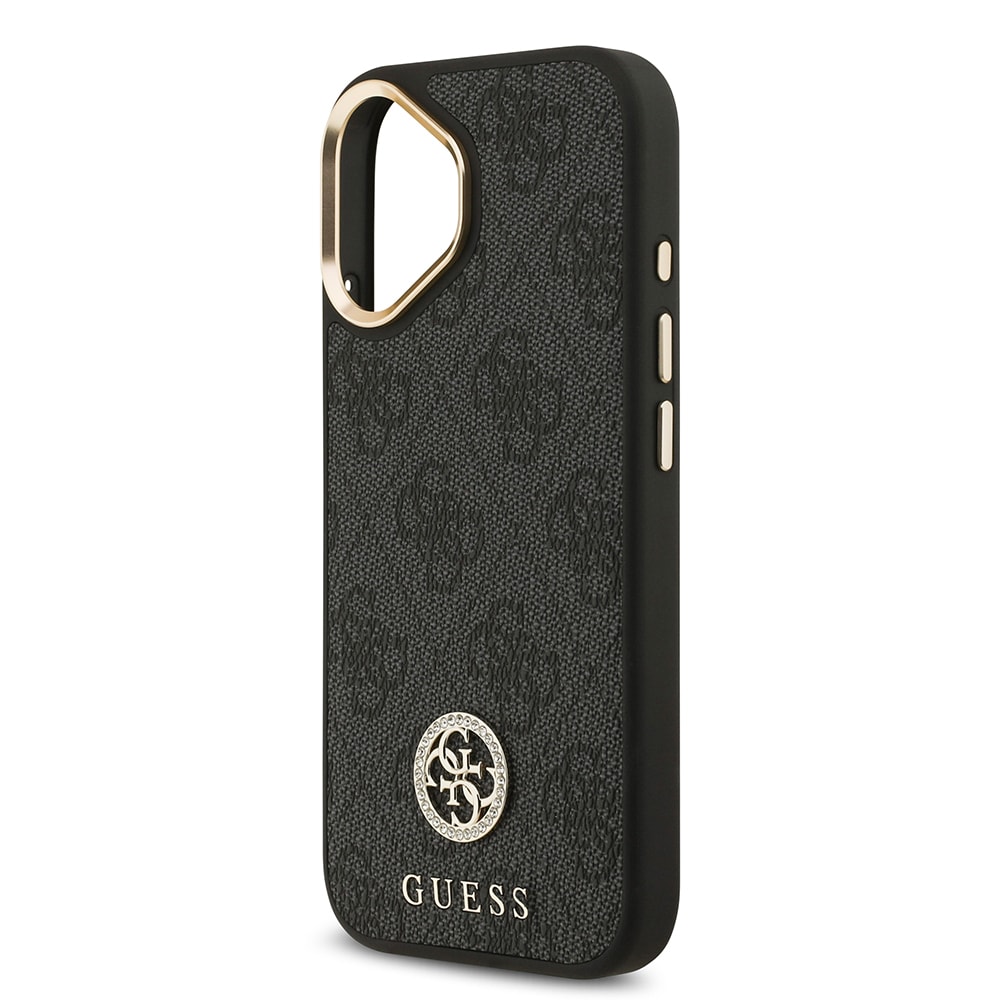 Apple iPhone 17 Kılıf Guess Orjinal Lisanslı M-safe Şarj Özellikli Gold Metal Kamera Çerçeveli Taşlı 4G Logolu Kapak